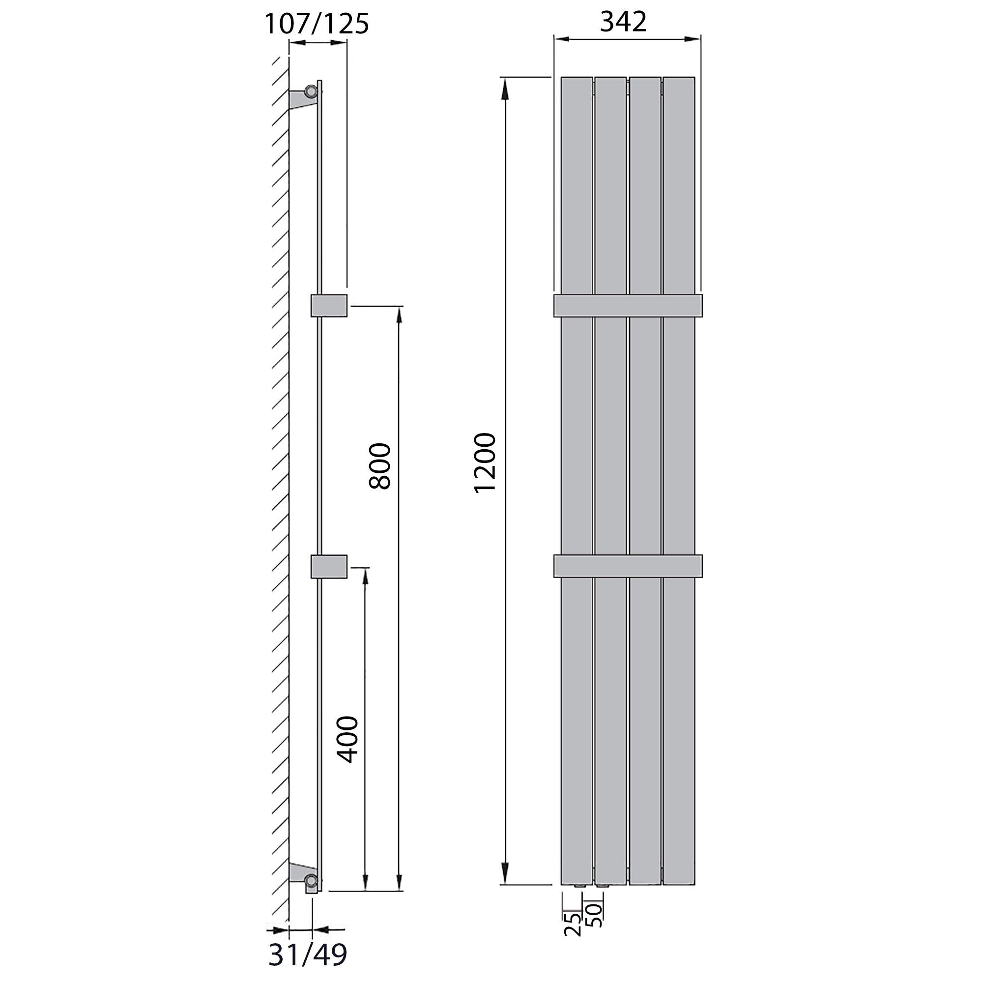 Flachheizkörper 1200 x 298 Handtuchstange Bad Anschluss links versetztem Mittelanschluss flach technische Zeichnung - heizkoerper.shop
