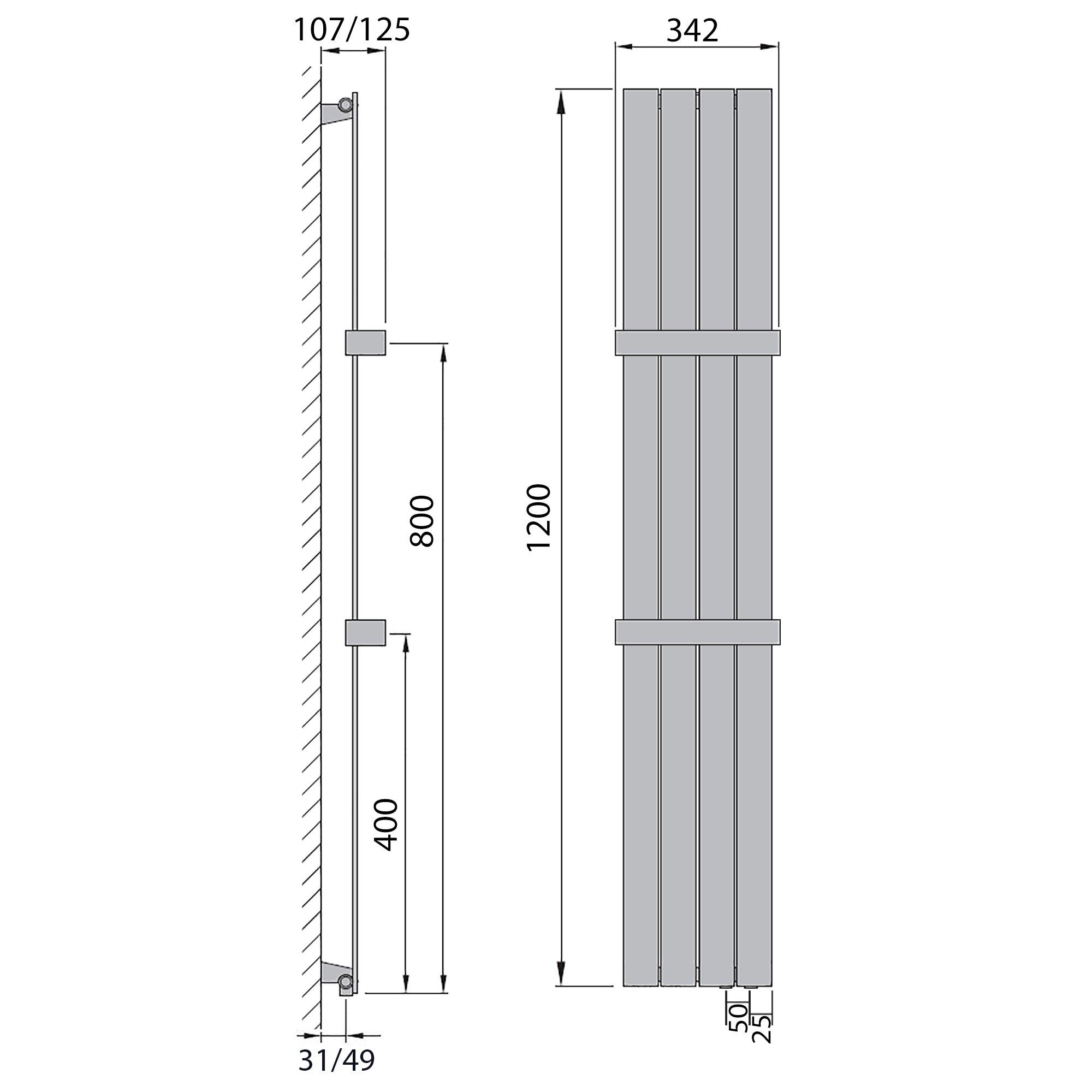Flachheizkörper 1200 x 298 Handtuchstange Bad Anschluss rechts versetztem Mittelanschluss flach technische Zeichnung - heizkoerper.shop