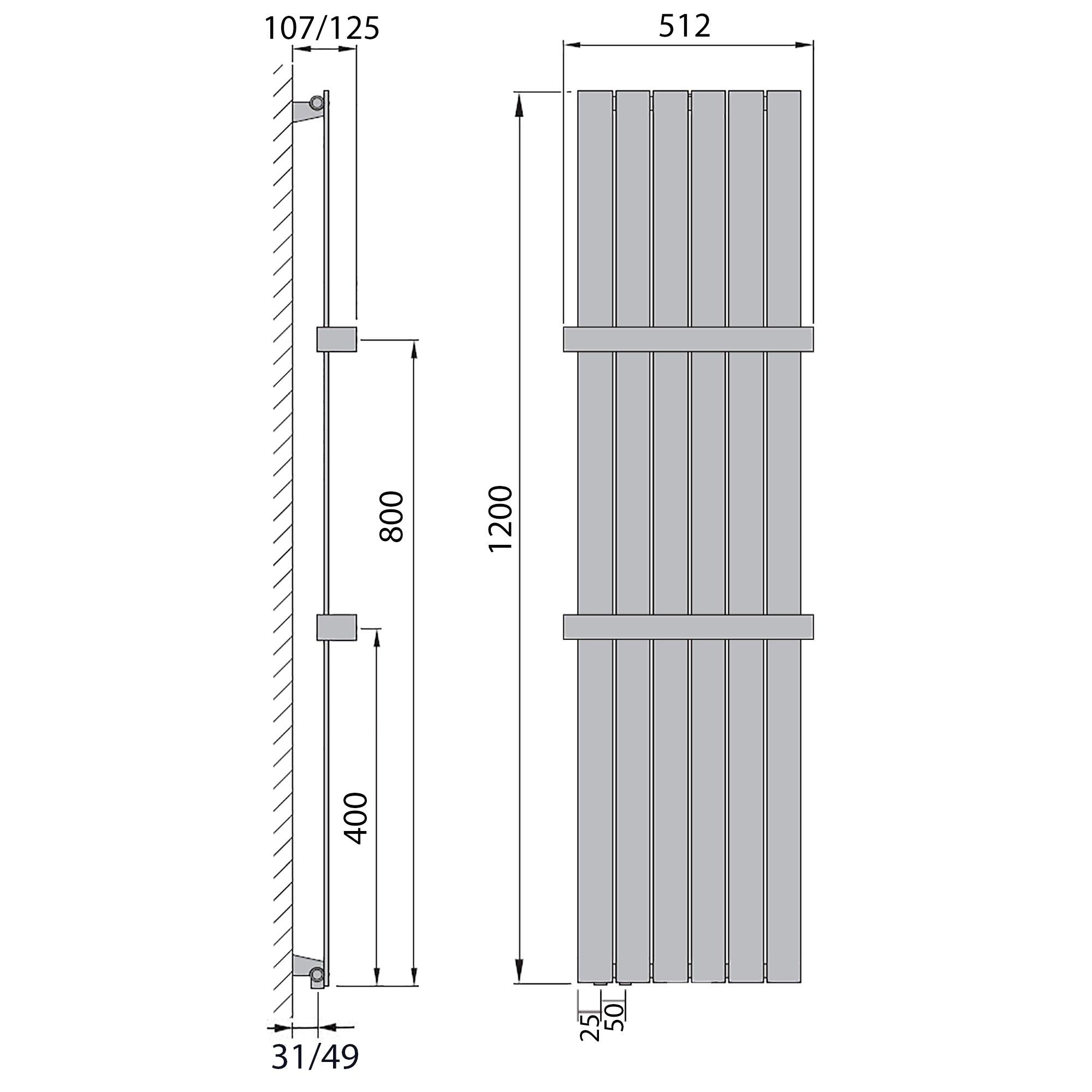 Flachheizkörper 1200 x 450 Handtuchstange Bad Anschluss links versetztem Mittelanschluss flach technische Zeichnung - heizkoerper.shop