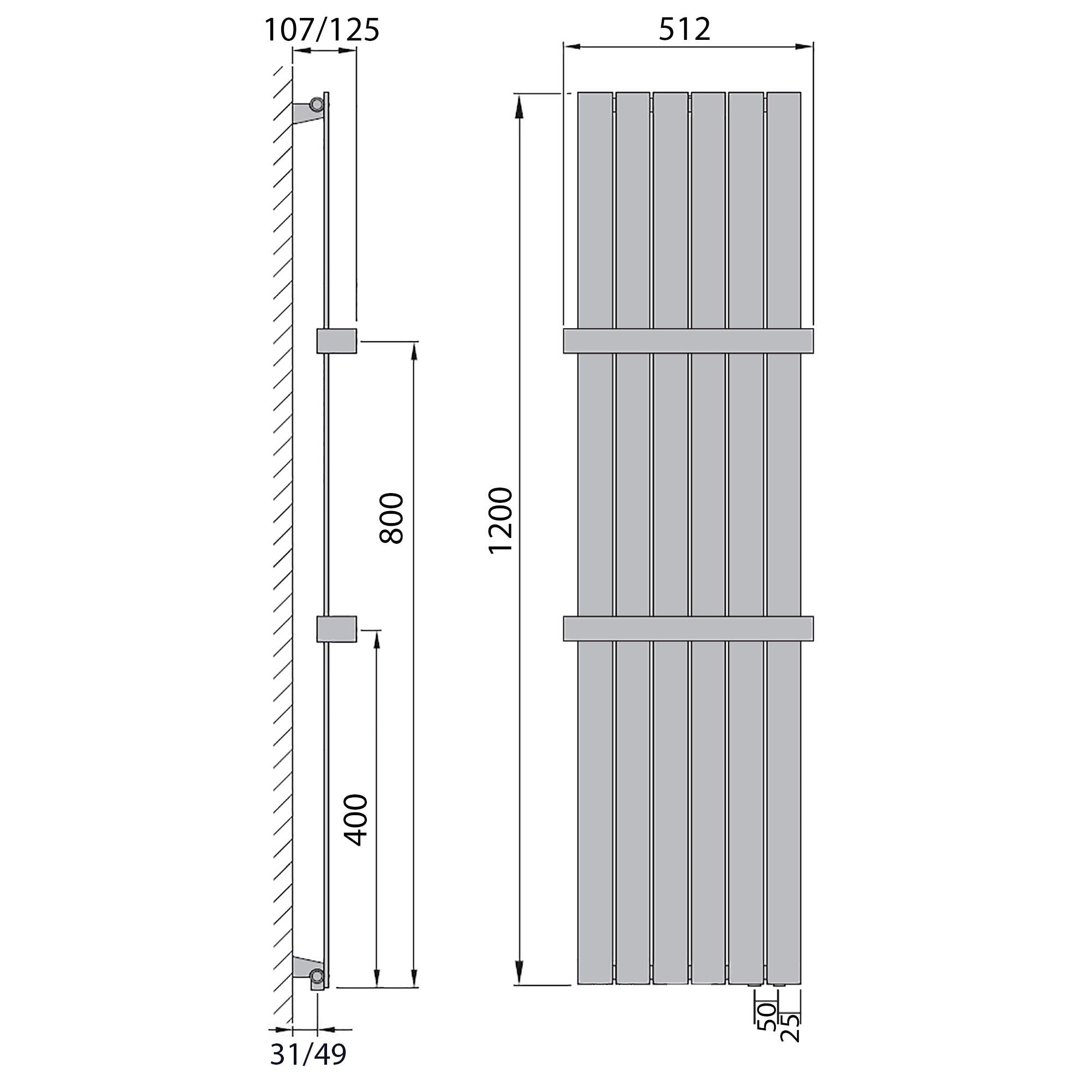 Flachheizkörper 1200 x 450 Handtuchstange Bad Anschluss rechts versetztem Mittelanschluss flach technische Zeichnung - heizkoerper.shop