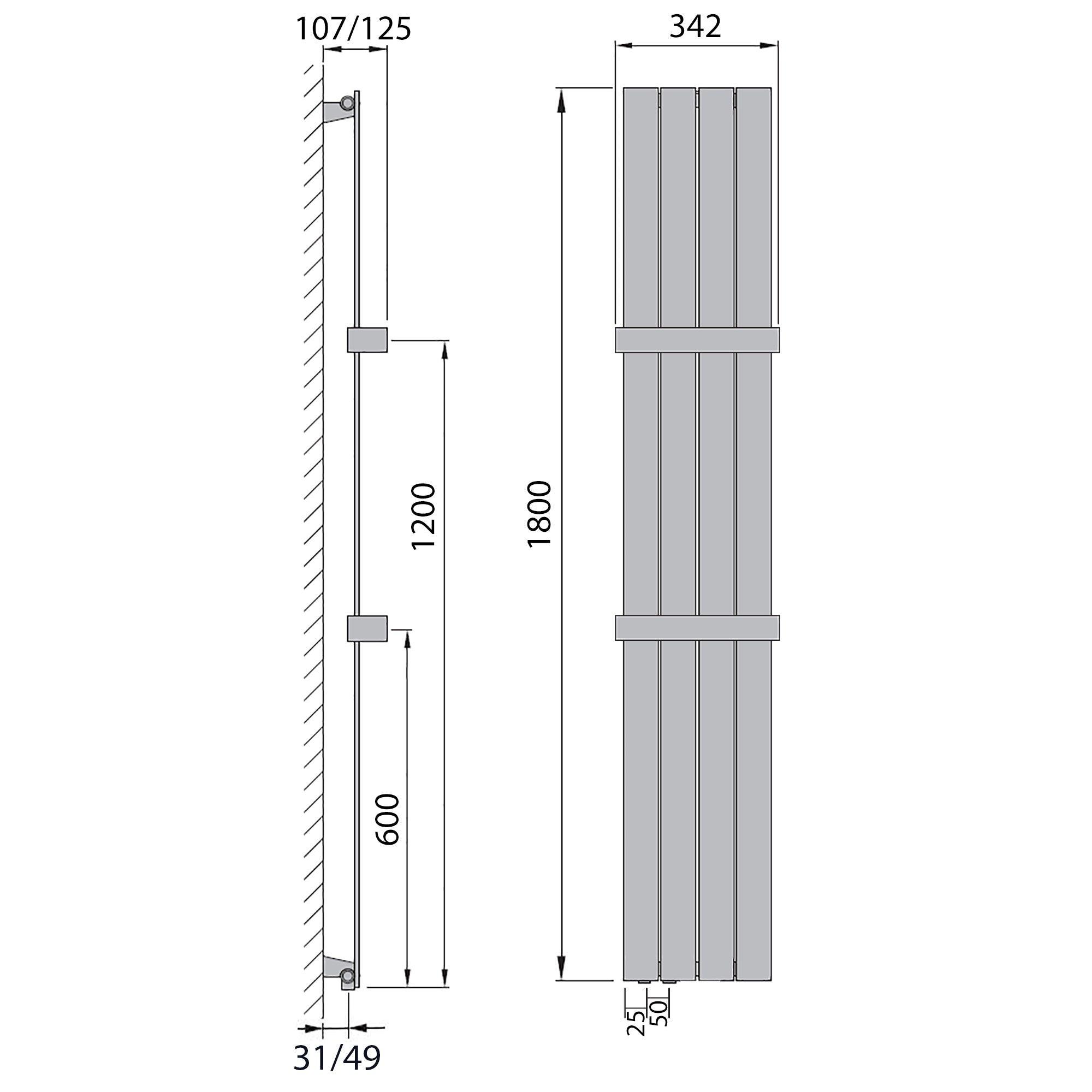 Flachheizkörper 1800 x 298 Handtuchstange Bad Anschluss links versetztem Mittelanschluss flach technische Zeichnung - heizkoerper.shop