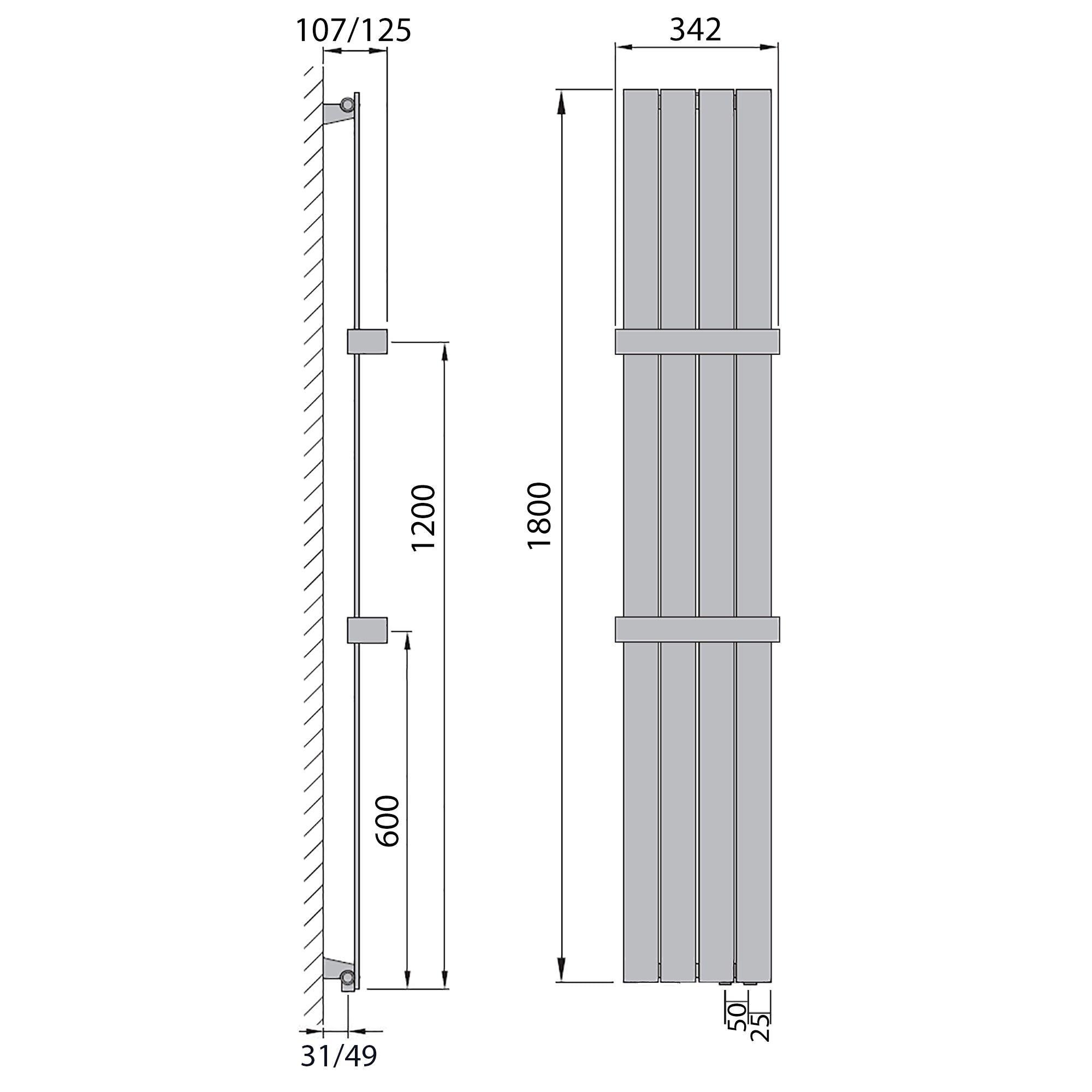 Flachheizkörper 1800 x 298 Handtuchstange Bad Anschluss rechts versetztem Mittelanschluss flach technische Zeichnung - heizkoerper.shop