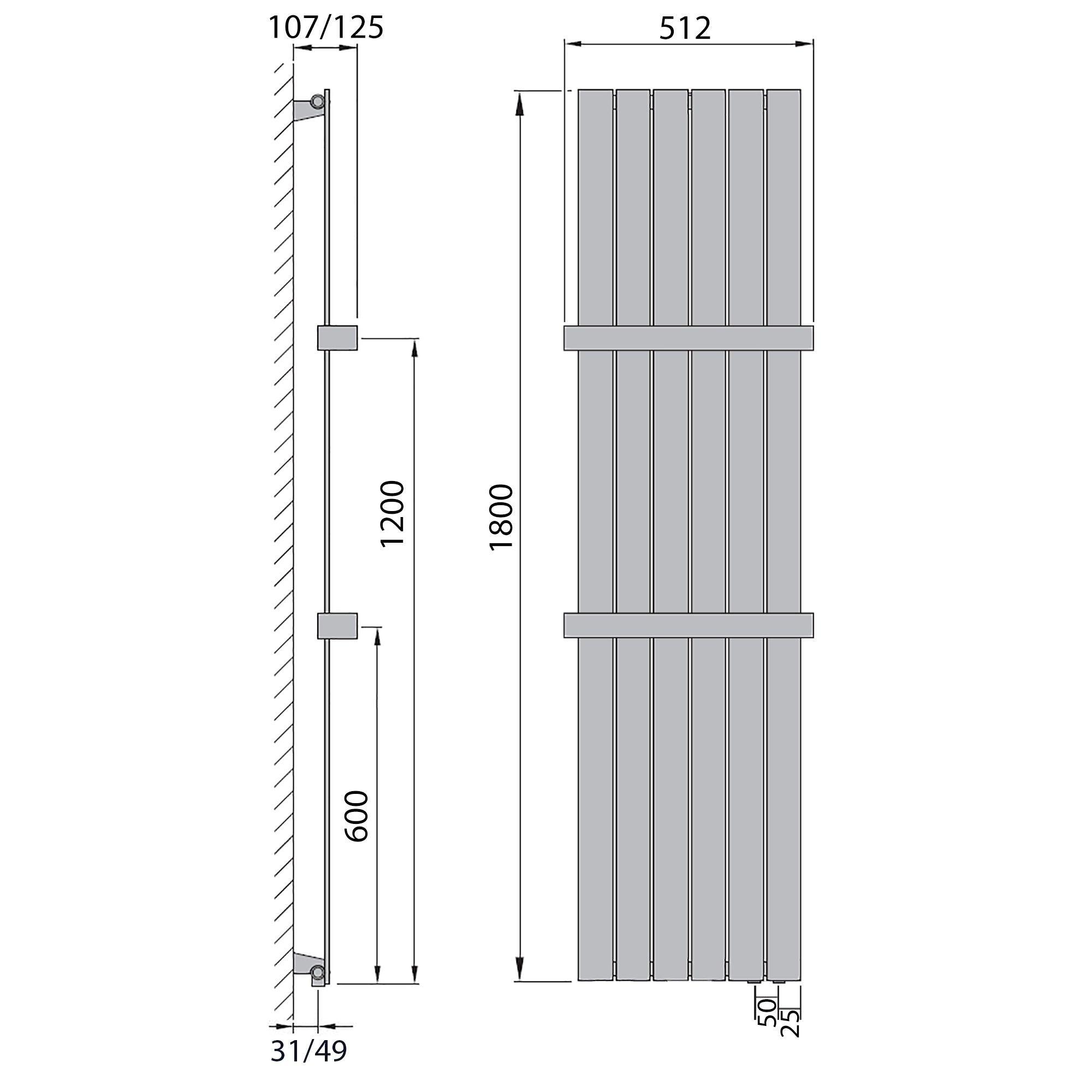 Flachheizkörper 1800 x 450 Handtuchstange Bad Anschluss rechts versetztem Mittelanschluss flach technische Zeichnung - heizkoerper.shop