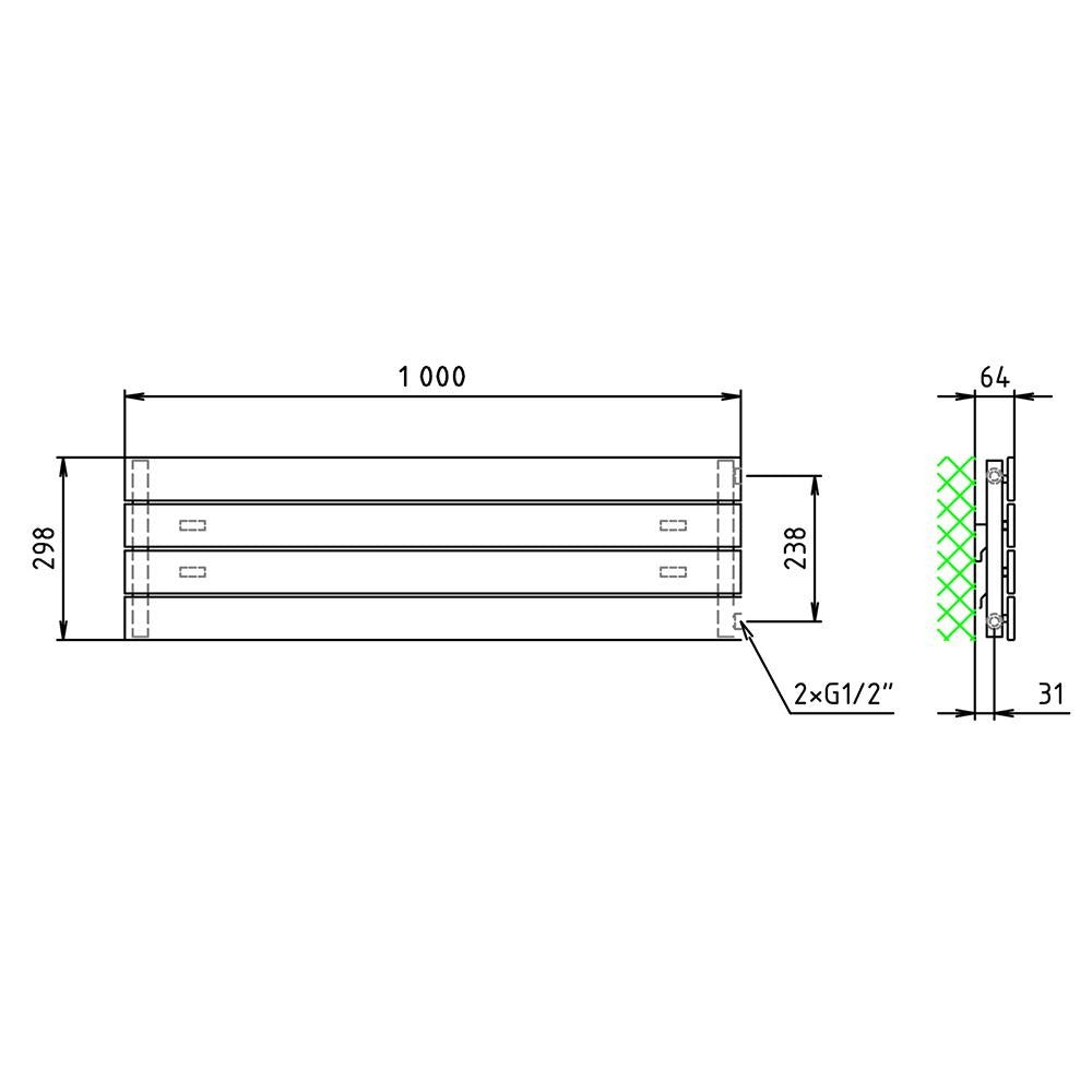 Design Paneelheizkörper 298 x 1000 horizontal mit seitlichem Anschluss Heizkörper Badheizkörper flach technische Zeichnung - heizkoerper.shop