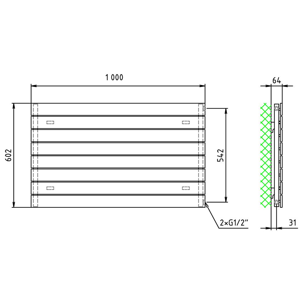 Design Paneelheizkörper 602 x 1000 horizontal mit seitlichem Anschluss Heizkörper Badheizkörper flach technische Zeichnung - heizkoerper.shop