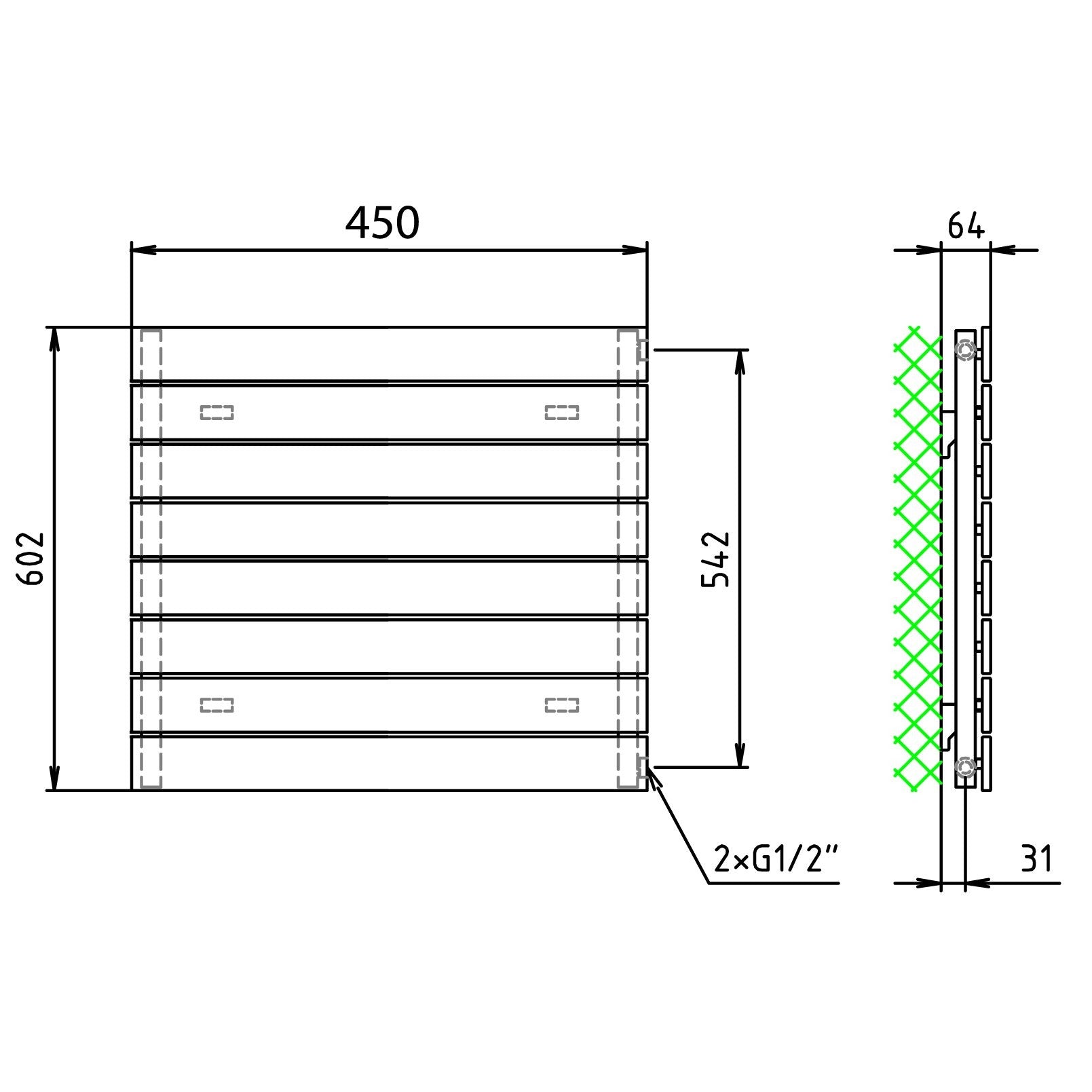 Design Paneelheizkörper 602 x 450 horizontal mit seitlichem Anschluss Heizkörper Badheizkörper flach technische Zeichnung - heizkoerper.shop