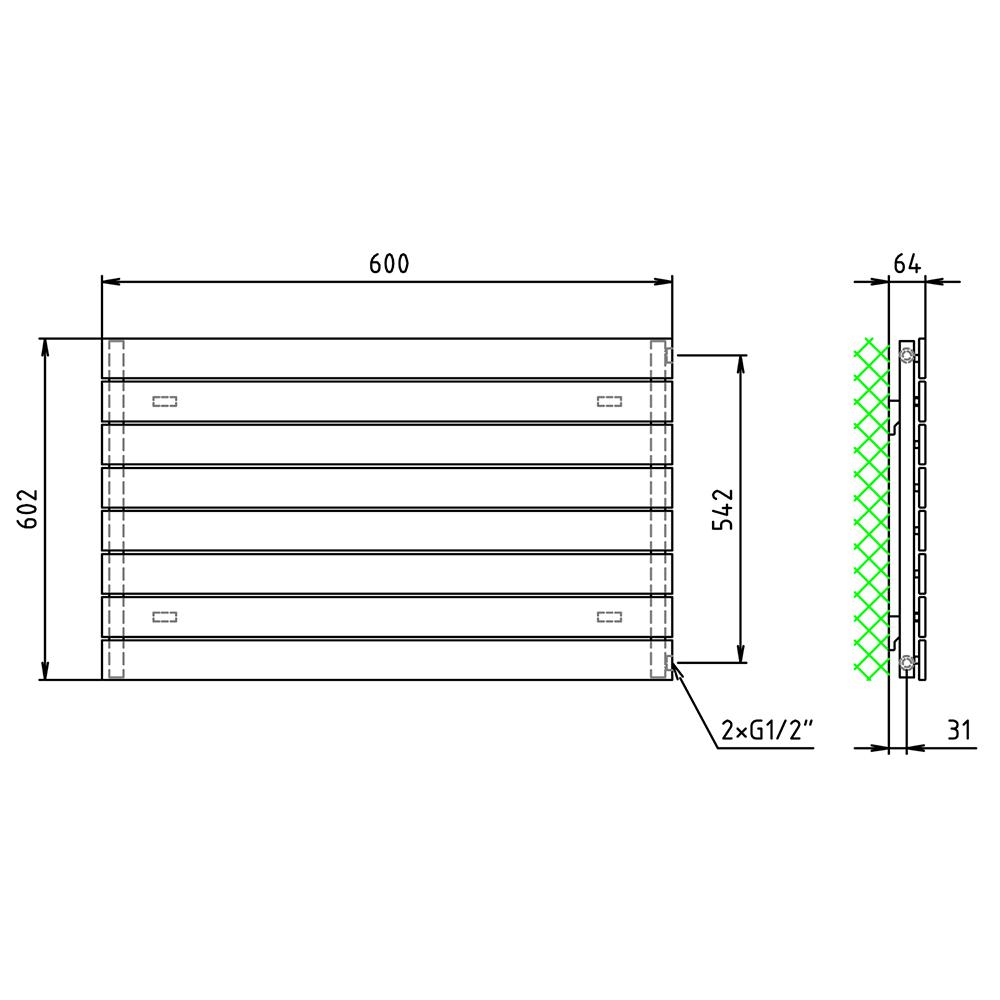 Design Paneelheizkörper 602 x 600 horizontal mit seitlichem Anschluss Heizkörper Badheizkörper flach technische Zeichnung - heizkoerper.shop