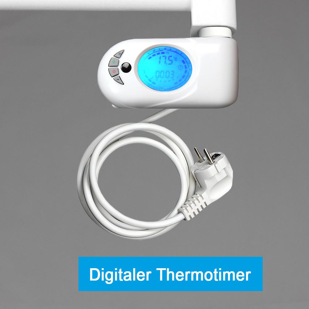 Badheizkörper gerade mit digitalem Thermotimer Elektroheizkörper Handtuchwärmer elektrischer Handtuchhalter weiß digitaler Thermotimer - heizkoerper.shop