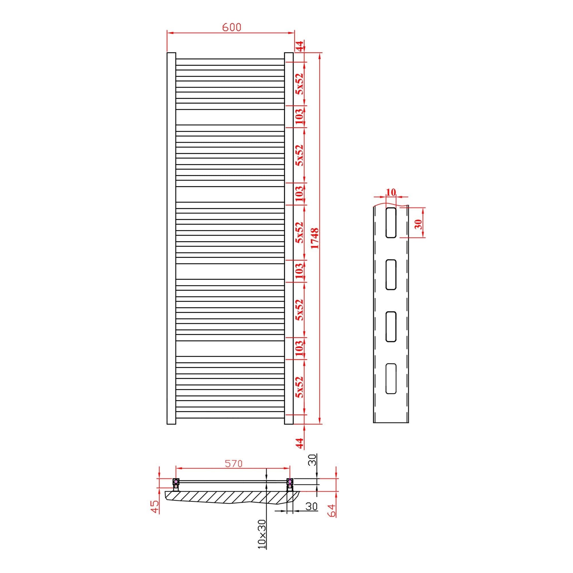 Design Badheizkörper mit Standardanschluss 1748 x 600 eckiges Profil Badezimmer Heizkörper Handtuchwärmer Handtuchhalter technische Zeichnung - heizkoerper.shop