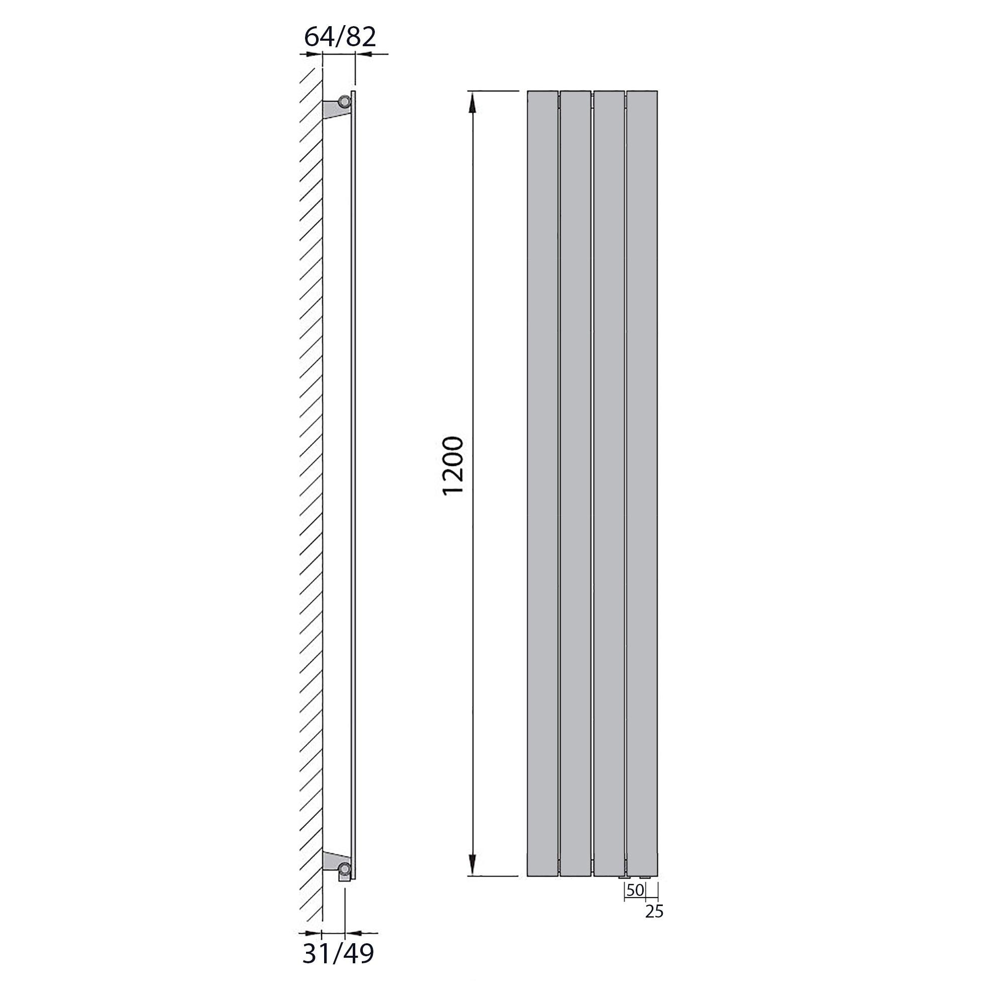Design Paneelheizkörper Bad Flachheizkörper 1200 x 298 mit Anschluss rechts | mit versetztem Mittelanschluss flach technische Zeichnung - heizkoerper.shop