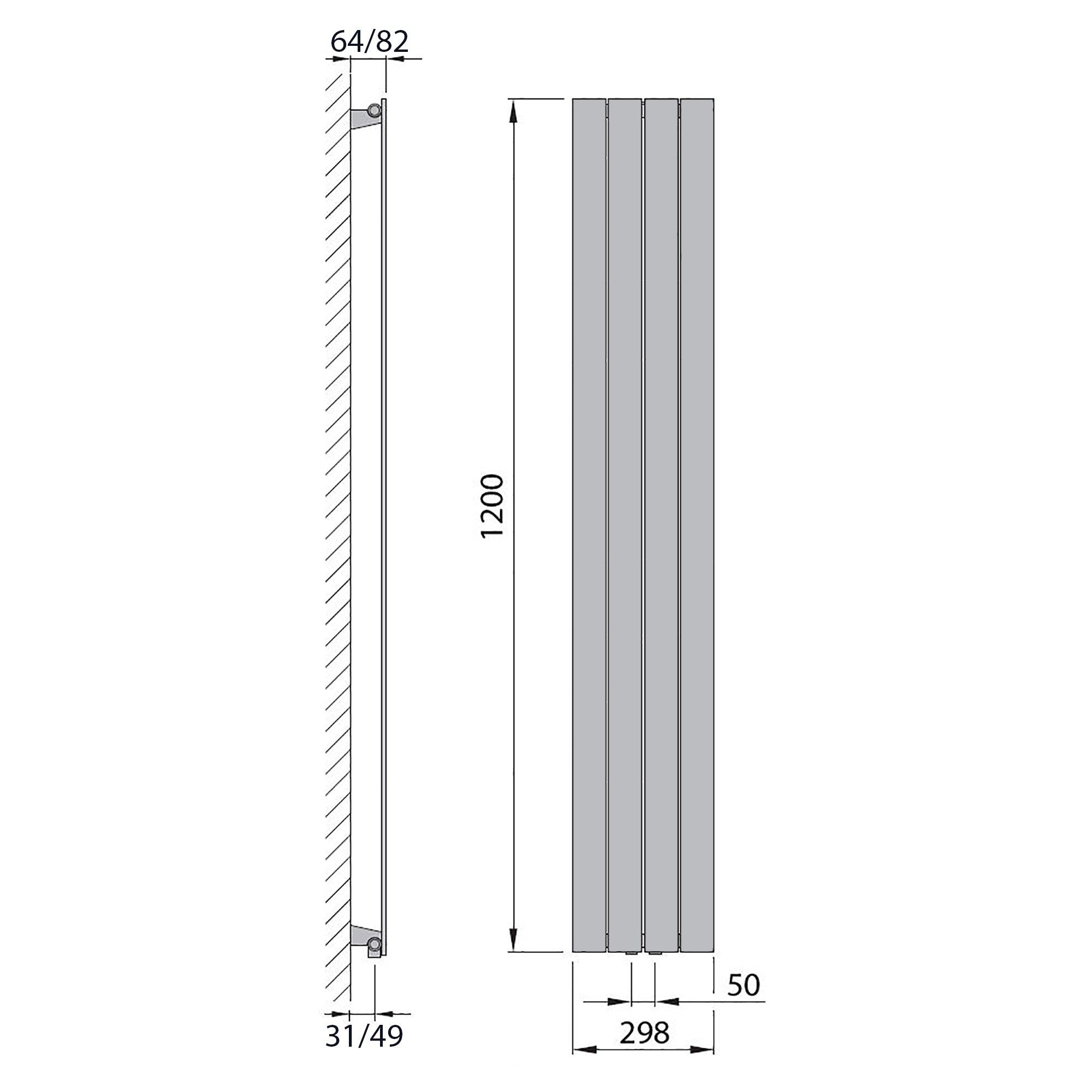 Design Paneelheizkörper vertikal 1200 x 298 weiß Heizkörper Badheizkörper flach Badezimmer Heizung technische Zeichnung - heizkoerper.shop