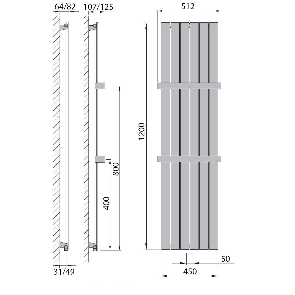 Design Paneelheizkörper vertikal 1200 x 450 mit Handtuchstange weiß Heizkörper Badheizkörper flach Badezimmer Heizung technische Zeichnung - heizkoerper.shop