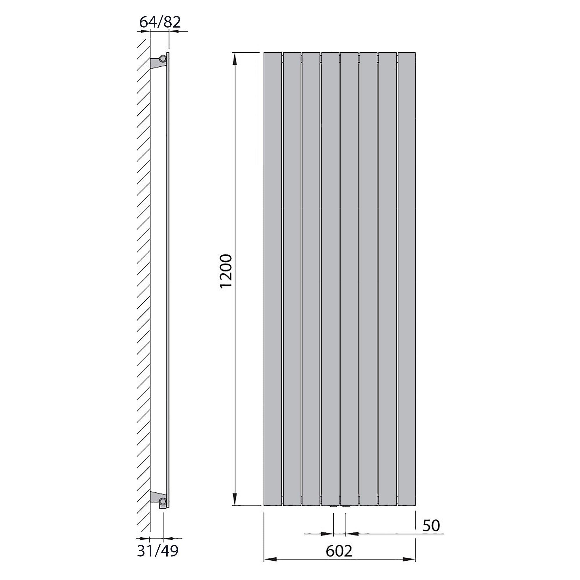 Design Paneelheizkörper vertikal 1200 x 602 weiß Heizkörper Badheizkörper flach Badezimmer Heizung technische Zeichnung - heizkoerper.shop