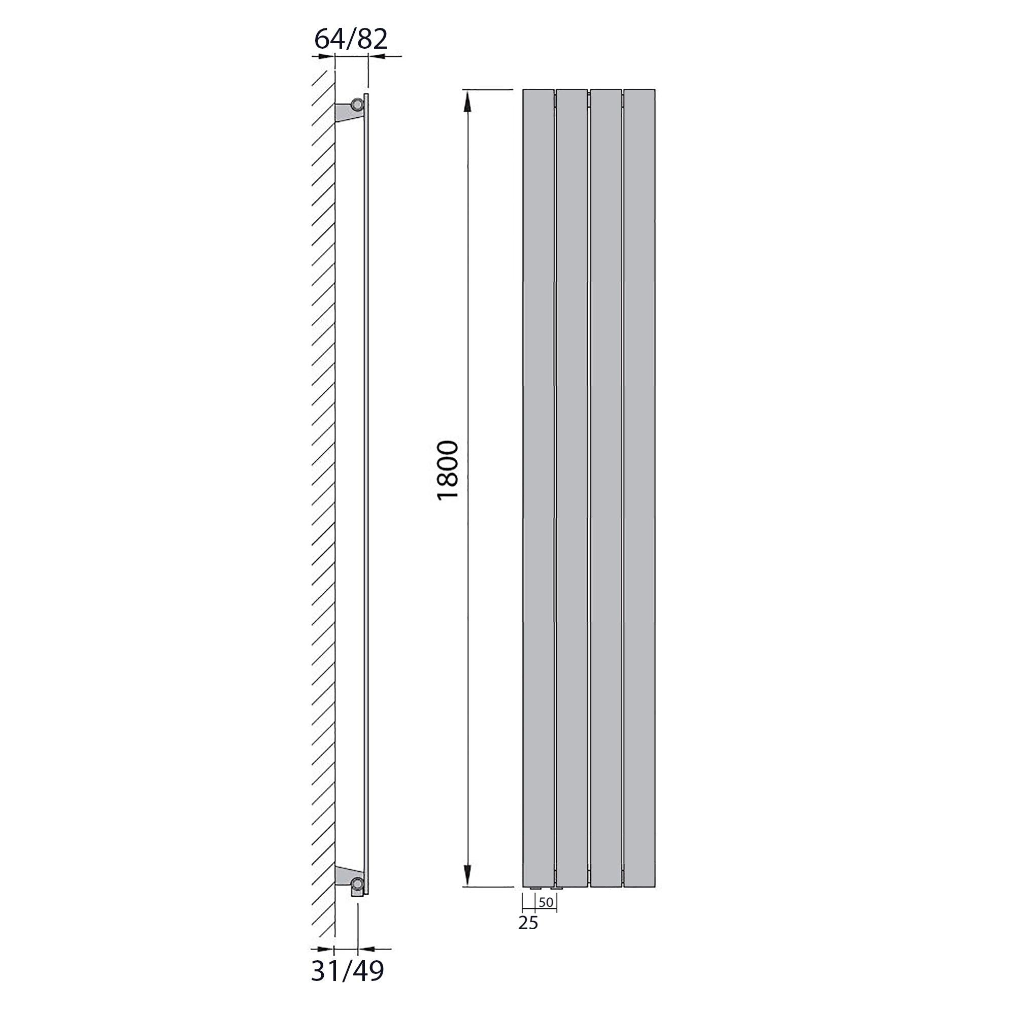 Flachheizkörper 1800 x 298 mit Anschluss links | mit versetztem Mittelanschluss flach technische Zeichnung - heizkoerper.shop