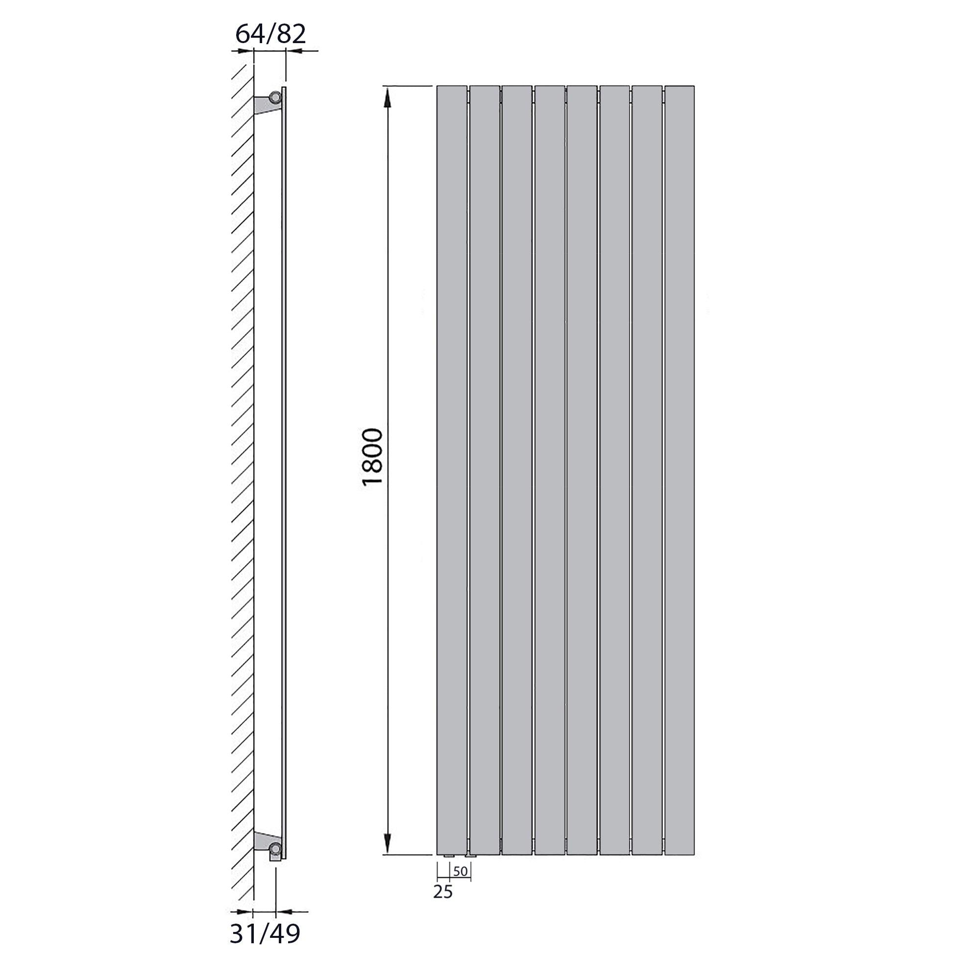 Design Paneelheizkörper Bad Flachheizkörper 1800 x 602 mit Anschluss links | mit versetztem Mittelanschluss flach technische Zeichnung - heizkoerper.shop