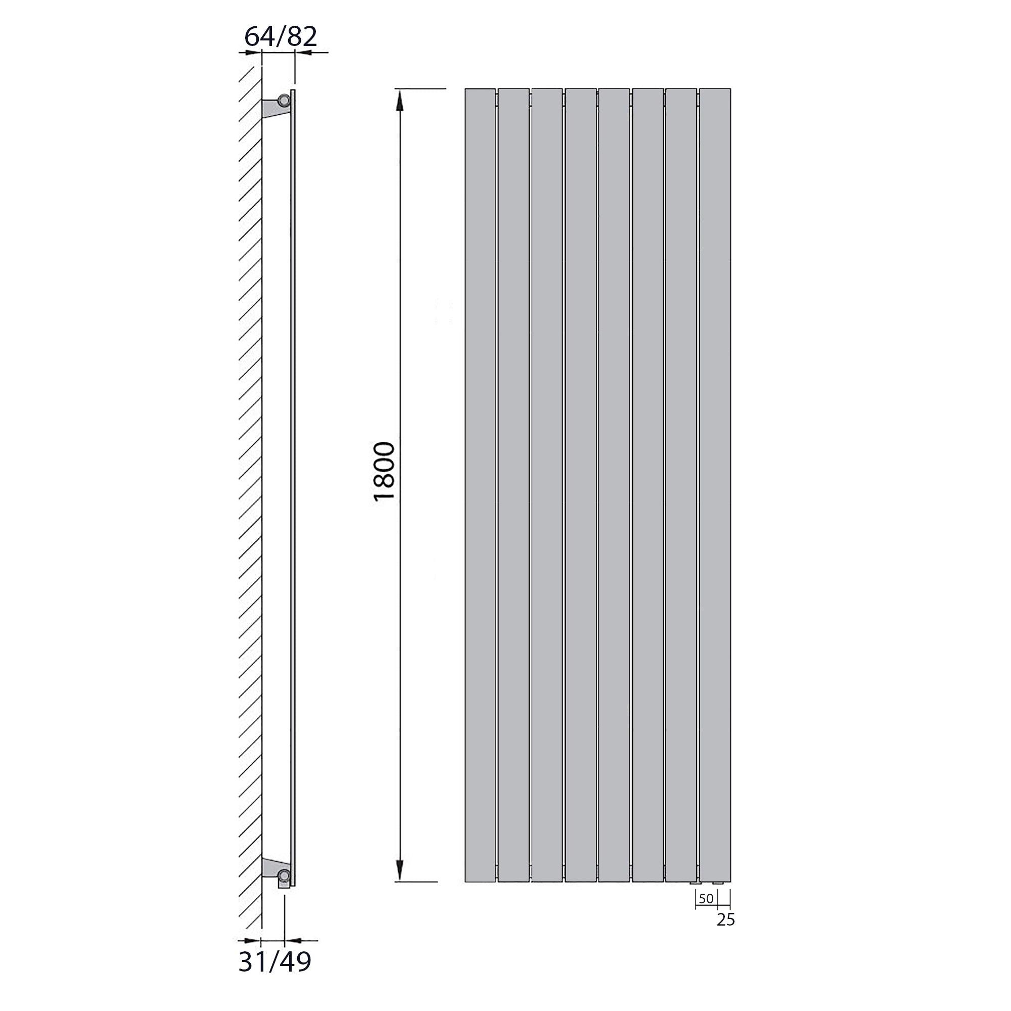 Design Paneelheizkörper Bad Flachheizkörper 1800 x 602 mit Anschluss rechts | mit versetztem Mittelanschluss flach technische Zeichnung - heizkoerper.shop