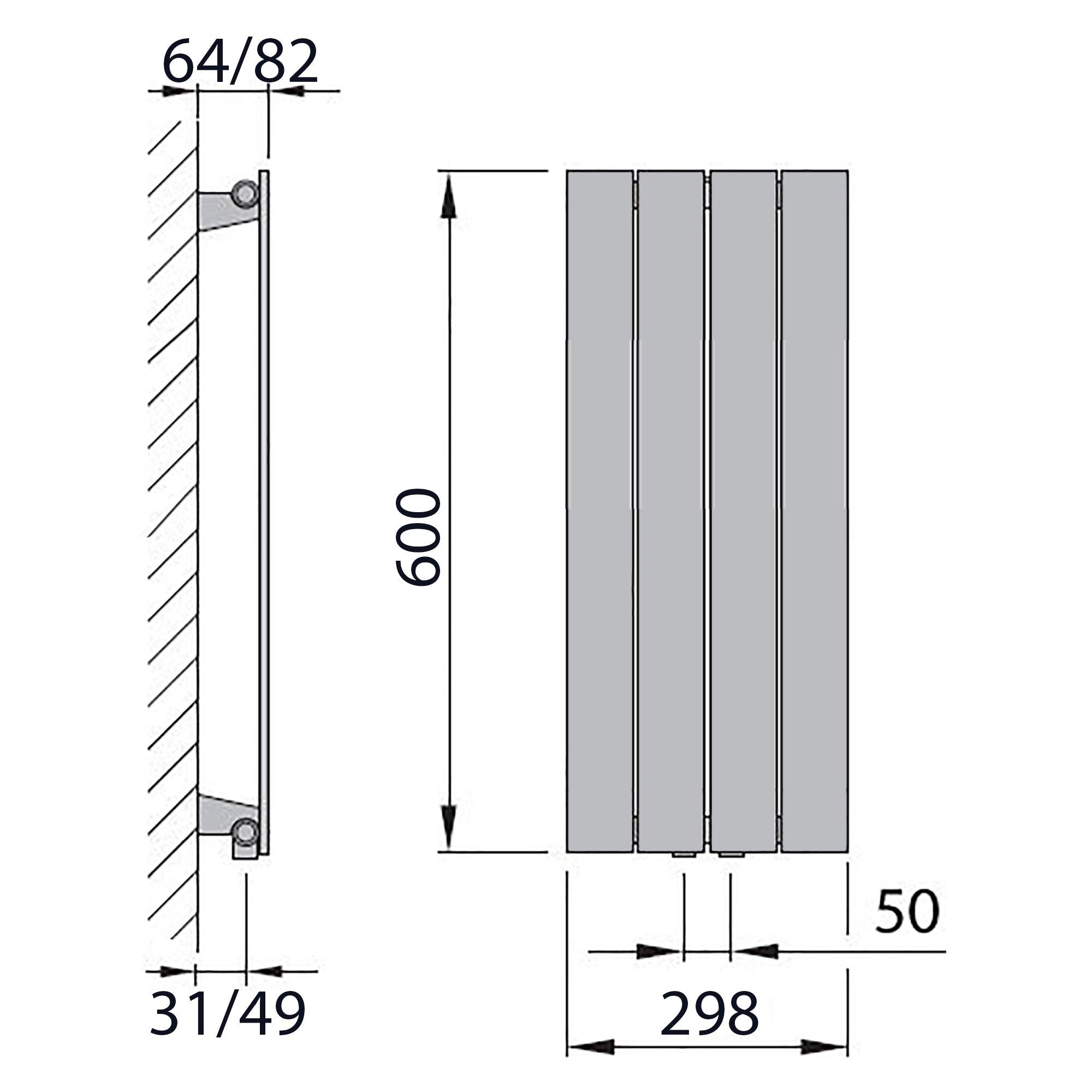 Design Paneelheizkörper vertikal 600 x 298 weiß Heizkörper Badheizkörper flach Badezimmer Heizung technische Zeichnung - heizkoerper.shop