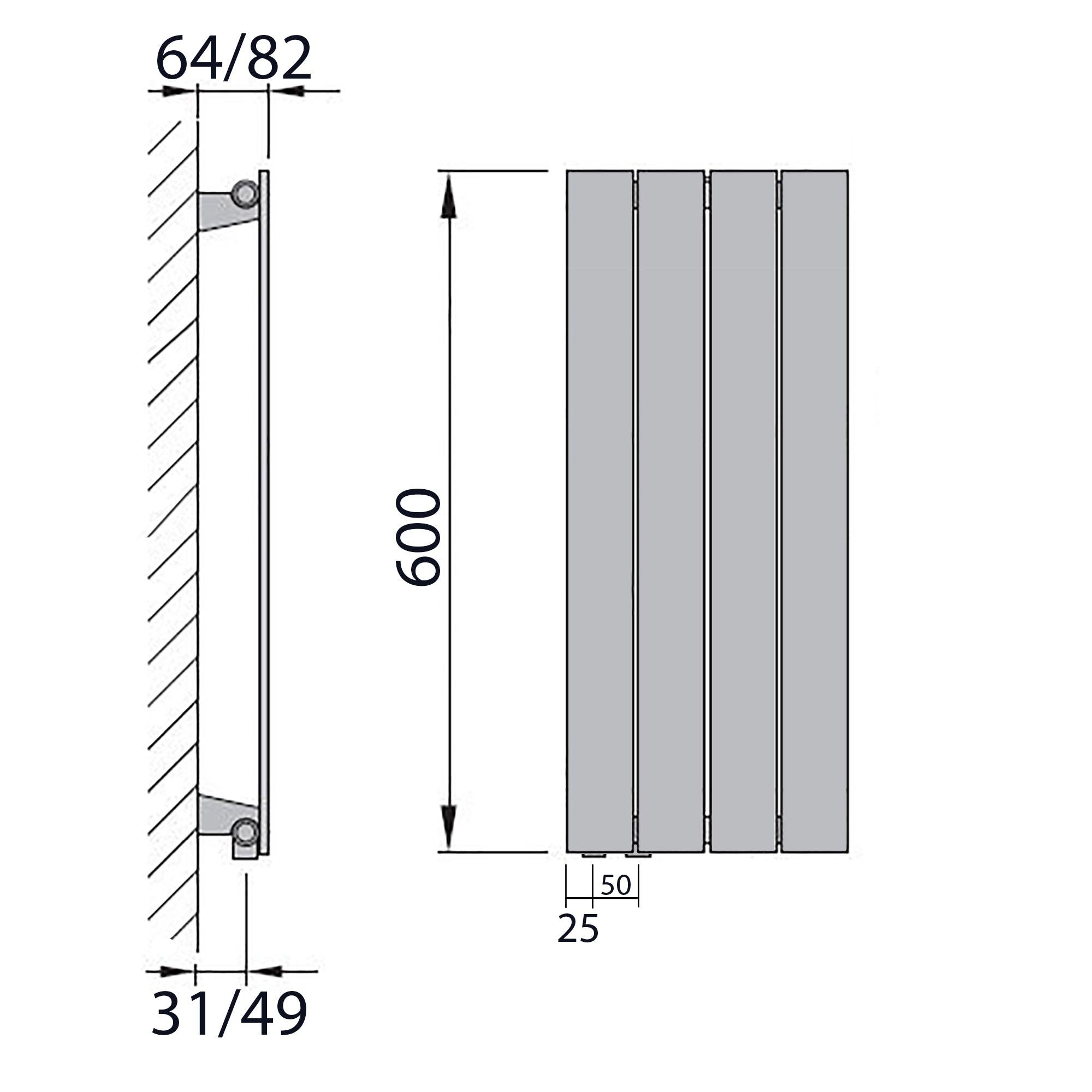 Flachheizkörper 600 x 298 mit Anschluss links | mit versetztem Mittelanschluss flach technische Zeichnung - heizkoerper.shop