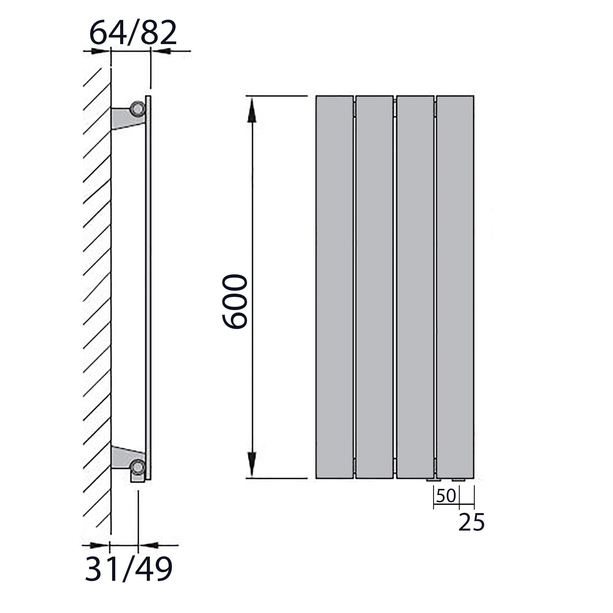 Flachheizkörper 600 x 298 mit Anschluss rechts | mit versetztem Mittelanschluss flach technische Zeichnung - heizkoerper.shop