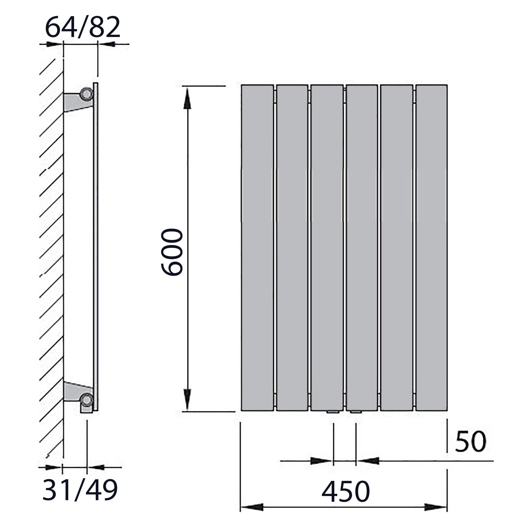 Design Paneelheizkörper vertikal 600 x 450 anthrazit Heizkörper Badheizkörper flach Badezimmer Heizung technische Zeichnung - heizkoerper.shop