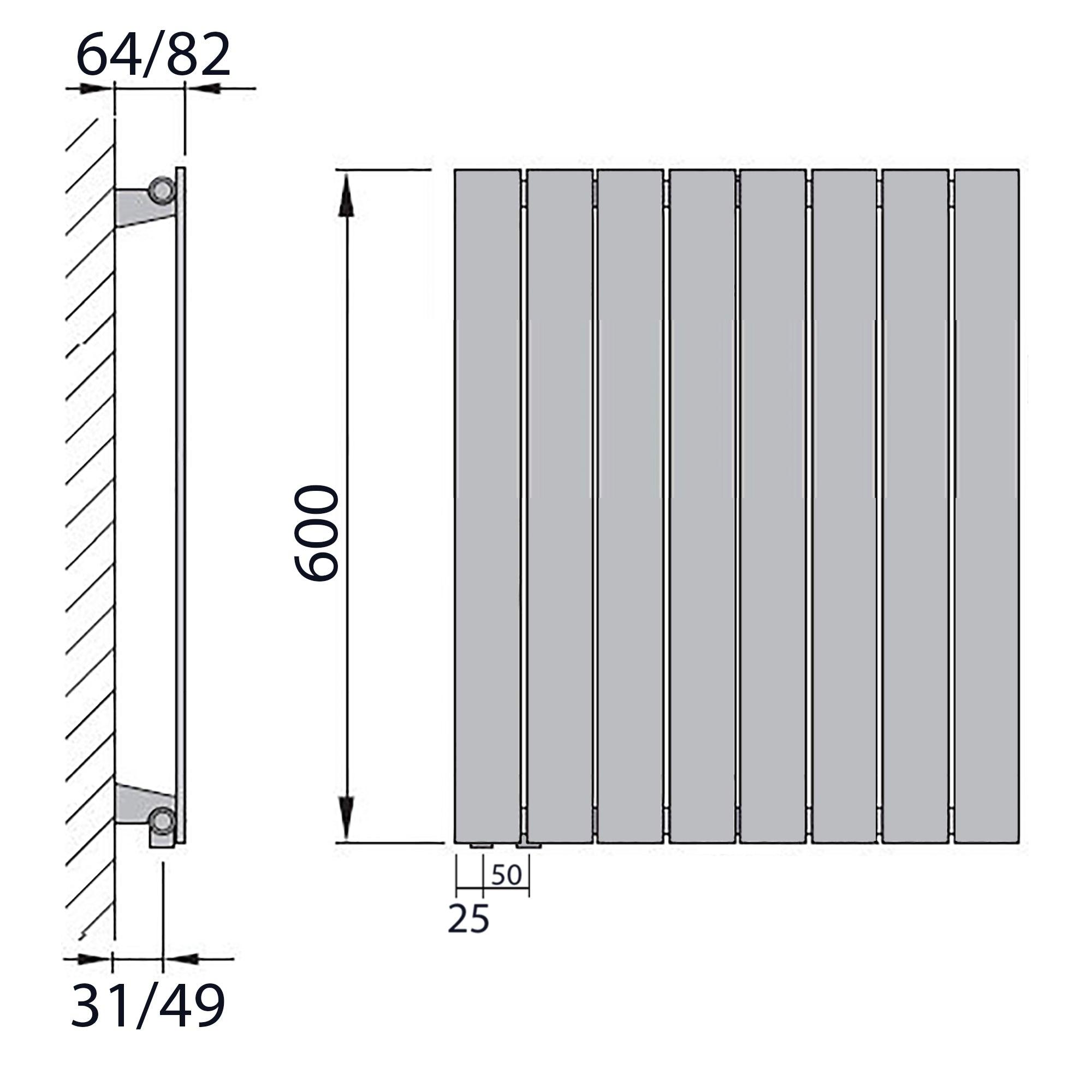 Design Paneelheizkörper Bad Flachheizkörper 600 x 602 mit Anschluss links | mit versetztem Mittelanschluss flach technische Zeichnung - heizkoerper.shop