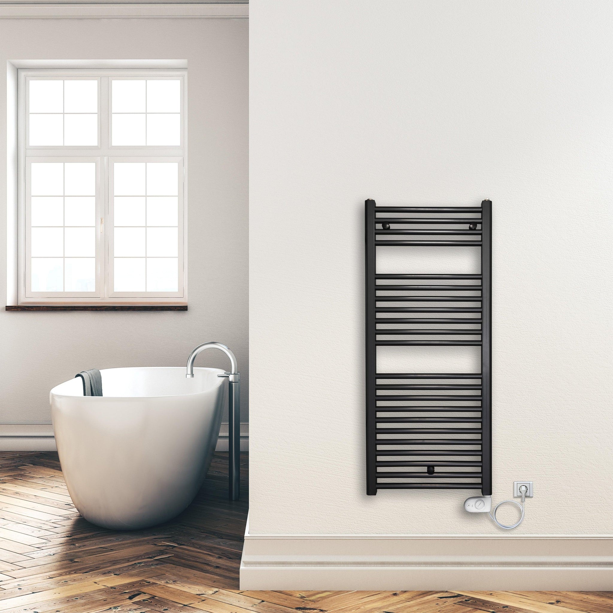 Badheizkörper 1160 x 500 mm elektrisch mit analogem Thermostat Handtuchwärmer elektrischer Handtuchhalter schwarz Montagebeispiel - heizkoerper.shop