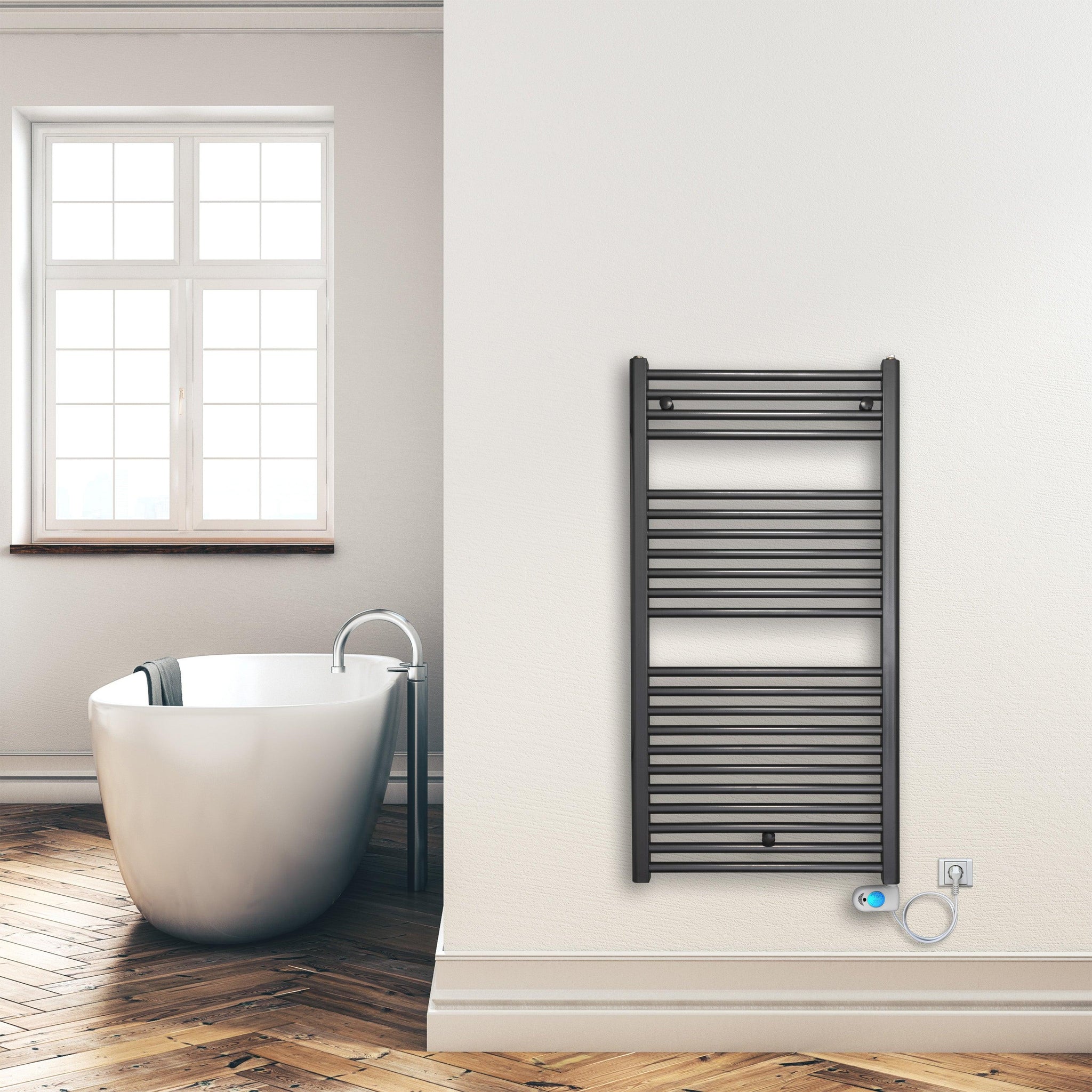 Badheizkörper 1160 x 600 mm gerade mit digitalem Thermotimer Elektroheizkörper Handtuchwärmer elektrischer Handtuchhalter anthrazit Montagebeispiel- heizkoerper.shop