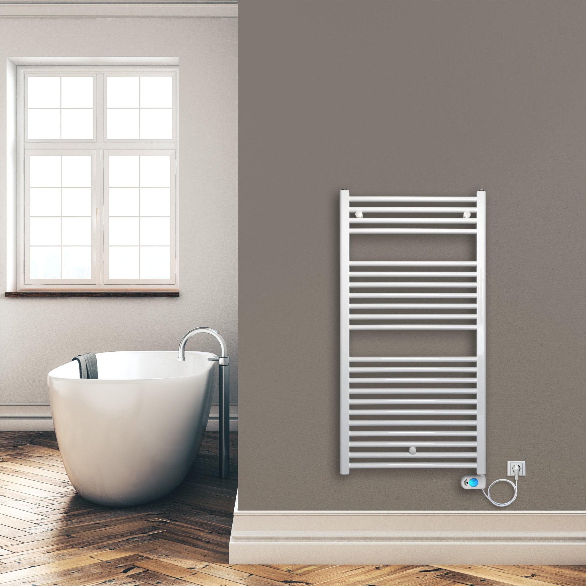 Badheizkörper 1160 x 600 mm gerade mit digitalem Thermotimer Elektroheizkörper Handtuchwärmer elektrischer Handtuchhalter weiß Montagebeispiel- heizkoerper.shop