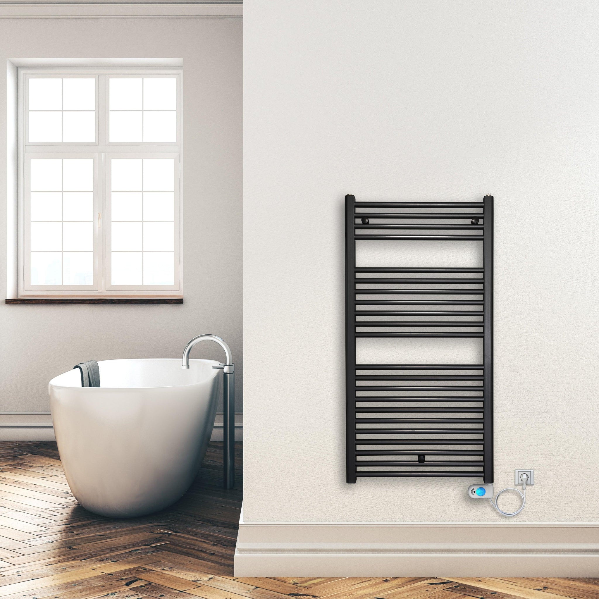 Badheizkörper 1160 x 600 mm gerade mit digitalem Thermotimer Elektroheizkörper Handtuchwärmer elektrischer Handtuchhalter schwarz Montagebeispiel- heizkoerper.shop