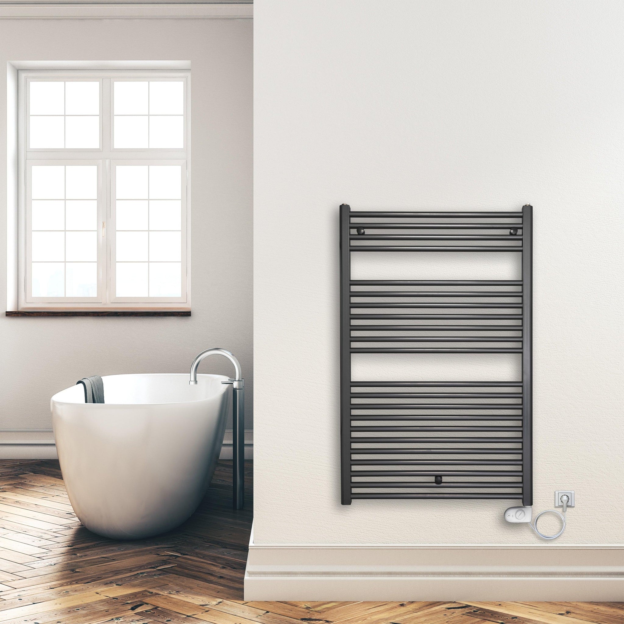 Badheizkörper 1160 x 750 mm elektrisch mit analogem Thermostat Handtuchwärmer elektrischer Handtuchhalter anthrazit Montagebeispiel - heizkoerper.shop