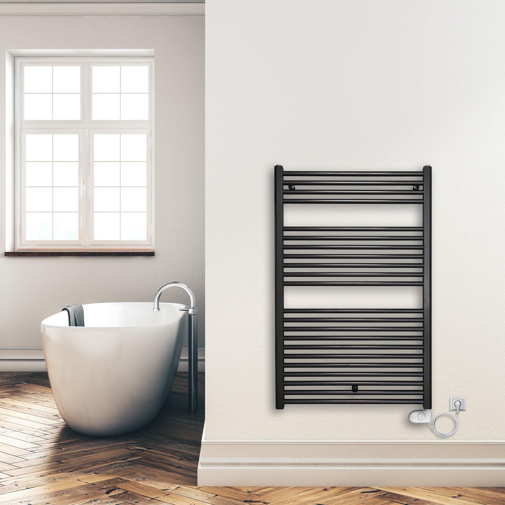 Badheizkörper 1160 x 750 mm elektrisch mit analogem Thermostat Handtuchwärmer elektrischer Handtuchhalter schwarz Montagebeispiel - heizkoerper.shop