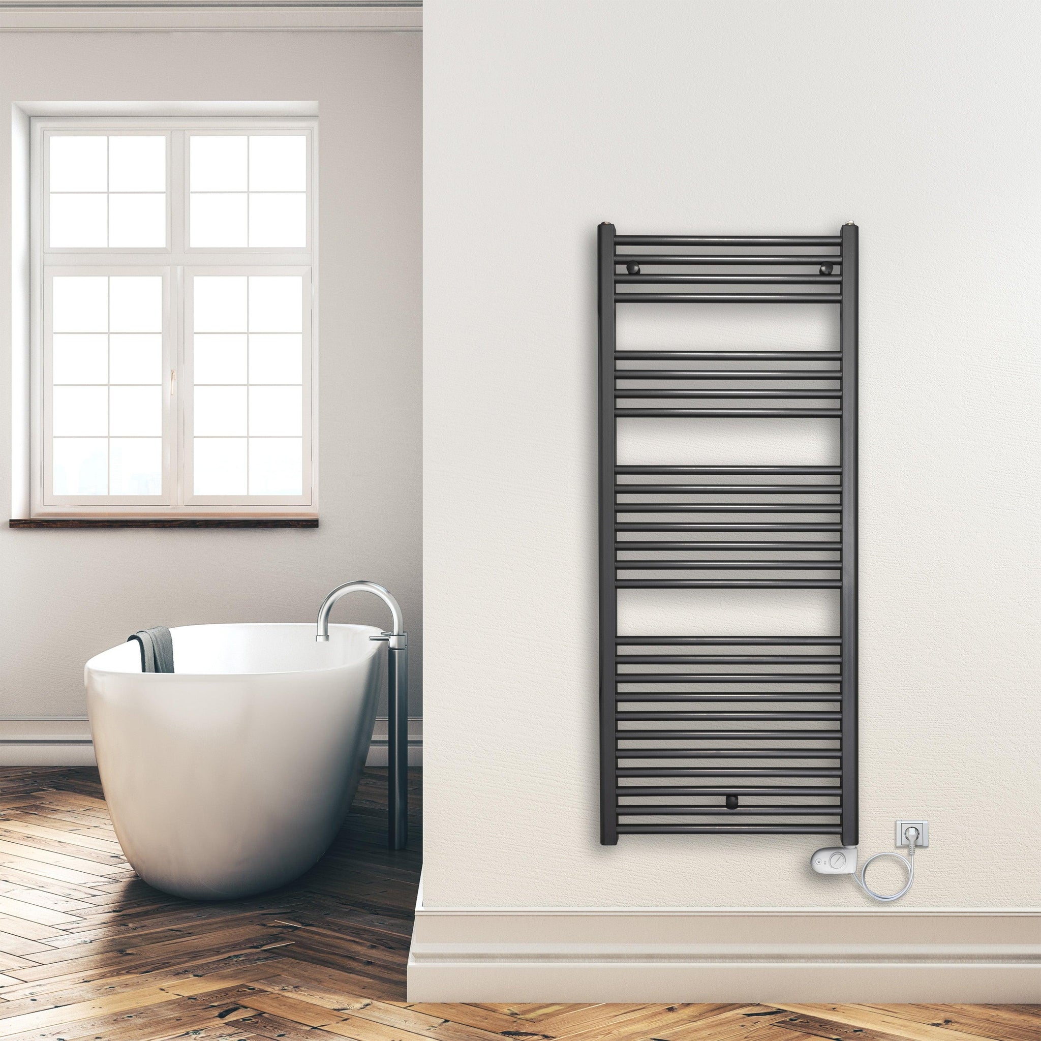 Badheizkörper 1424 x 600 mm elektrisch mit analogem Thermostat Handtuchwärmer elektrischer Handtuchhalter anthrazit Montagebeispiel - heizkoerper.shop