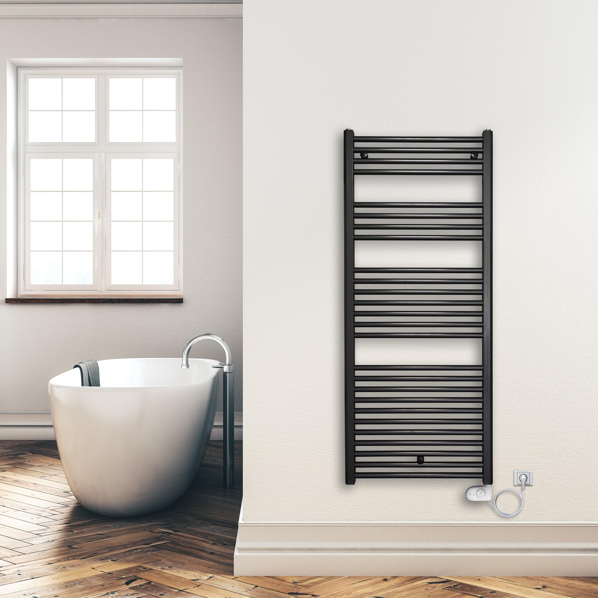 Badheizkörper 1424 x 600 mm elektrisch mit analogem Thermostat Handtuchwärmer elektrischer Handtuchhalter schwarz Montagebeispiel - heizkoerper.shop