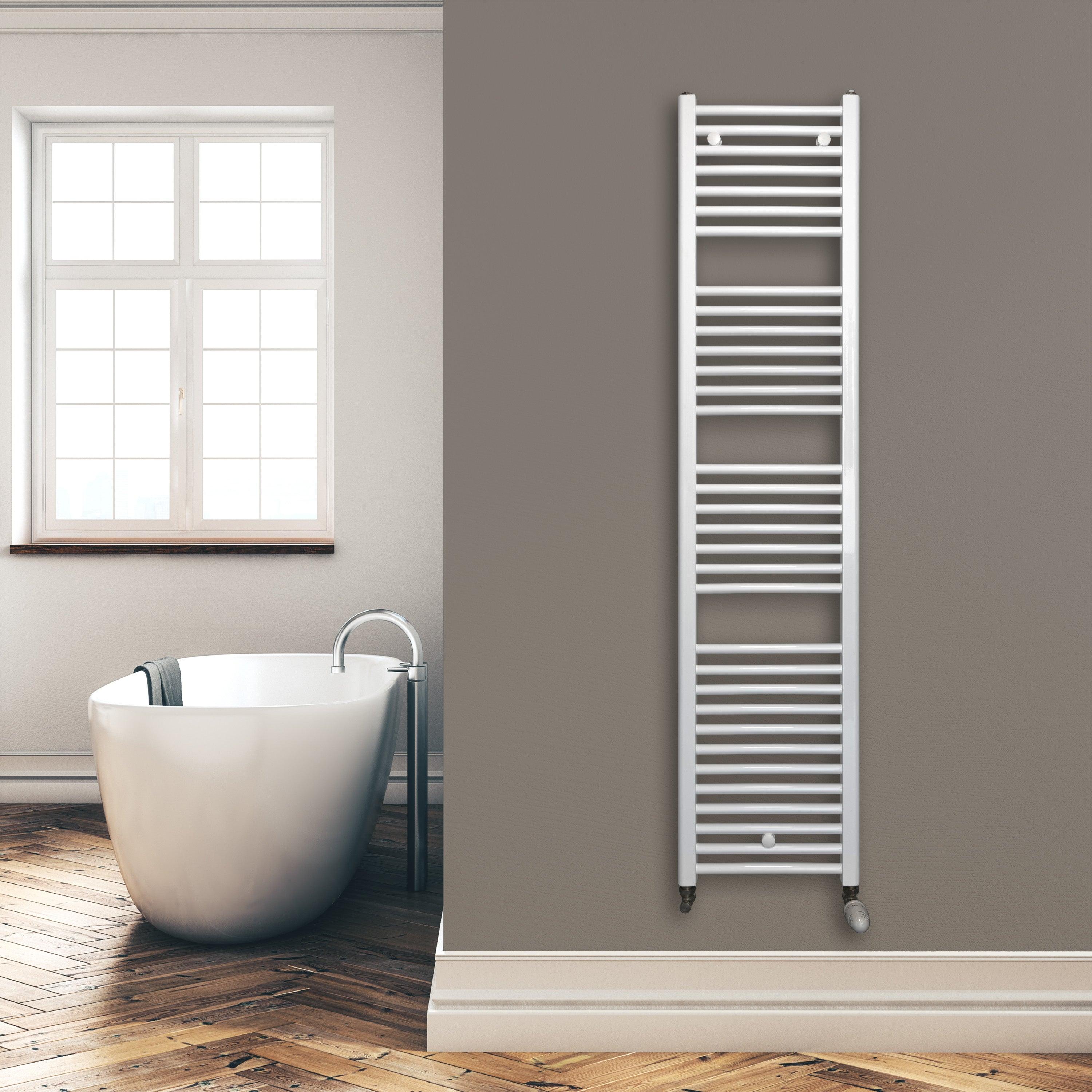 Badheizkörper 1732 x 400 mm gerade mit Standardanschluss Handtuchhalter Badezimmer Heizung Handtuchwärmer weiß Montagebeispiel - heizkoerper.shop