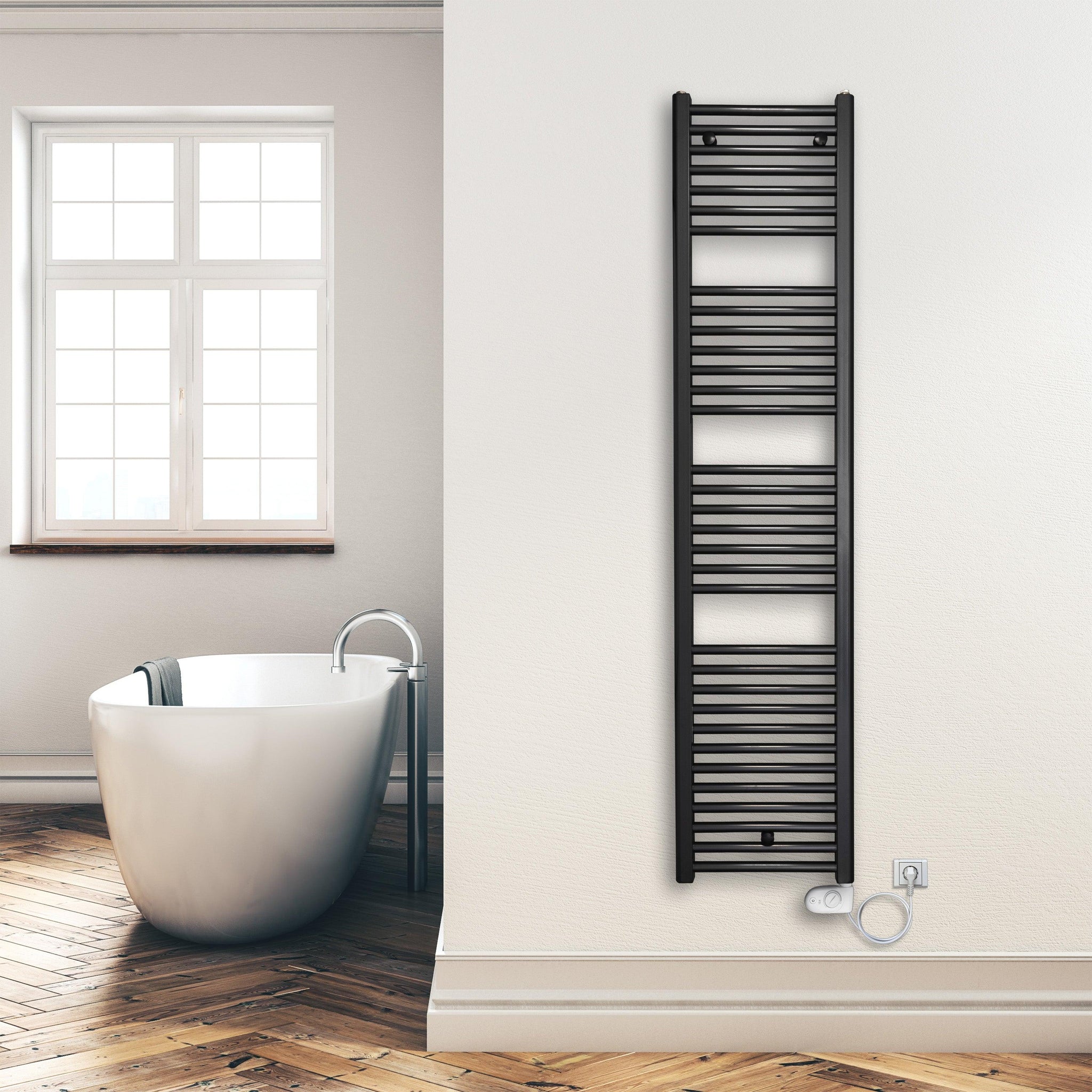 Badheizkörper 1732 x 400 mm elektrisch mit analogem Thermostat Handtuchwärmer elektrischer Handtuchhalter schwarz Montagebeispiel - heizkoerper.shop