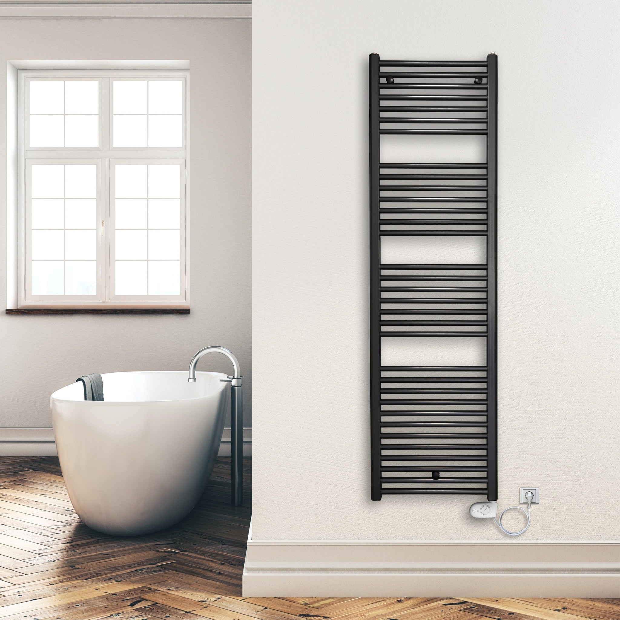 Badheizkörper 1732 x 500 mm elektrisch mit analogem Thermostat Handtuchwärmer elektrischer Handtuchhalter schwarz Montagebeispiel - heizkoerper.shop