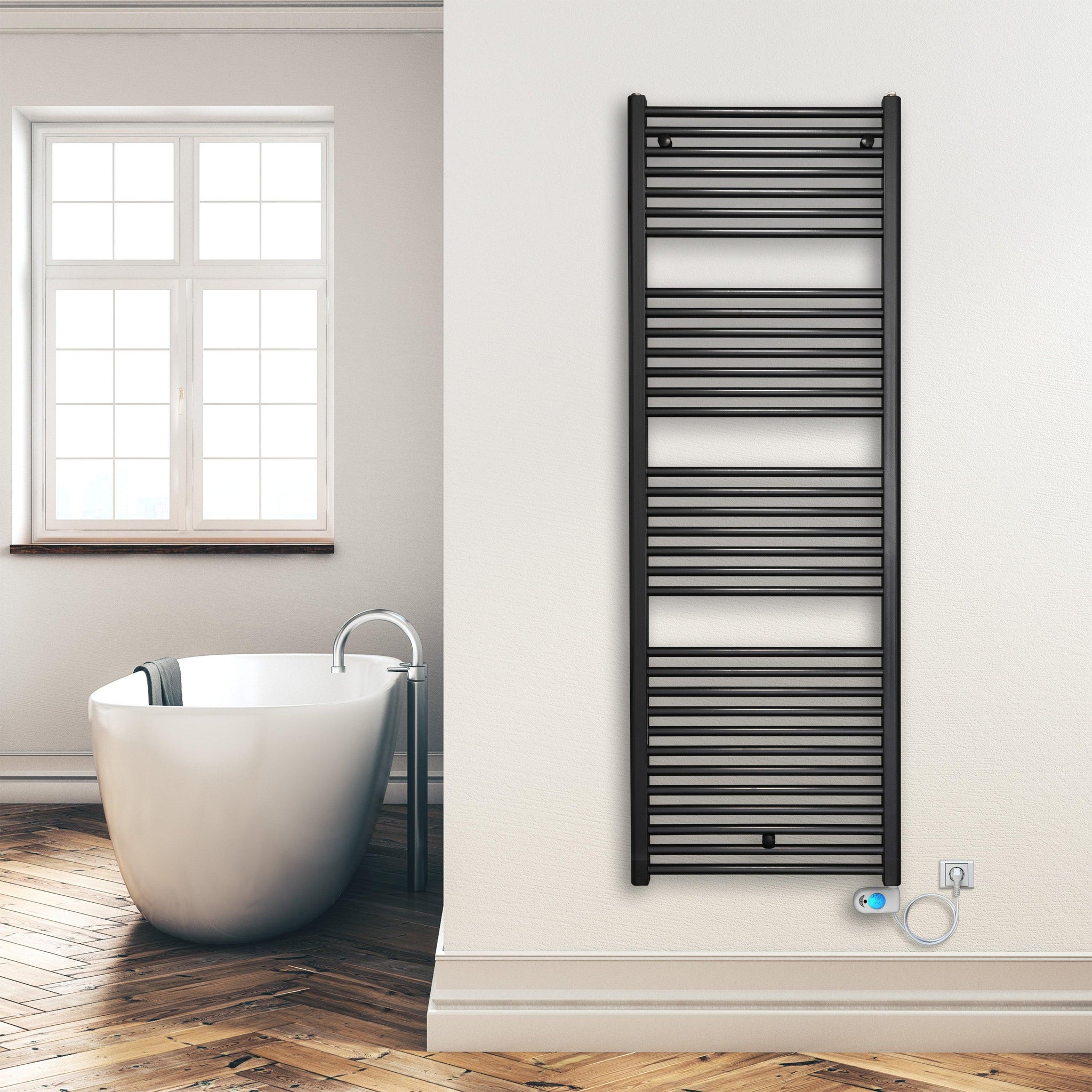 Badheizkörper 1732 x 600 mm gerade mit digitalem Thermotimer Elektroheizkörper Handtuchwärmer elektrischer Handtuchhalter schwarz Montagebeispiel- heizkoerper.shop