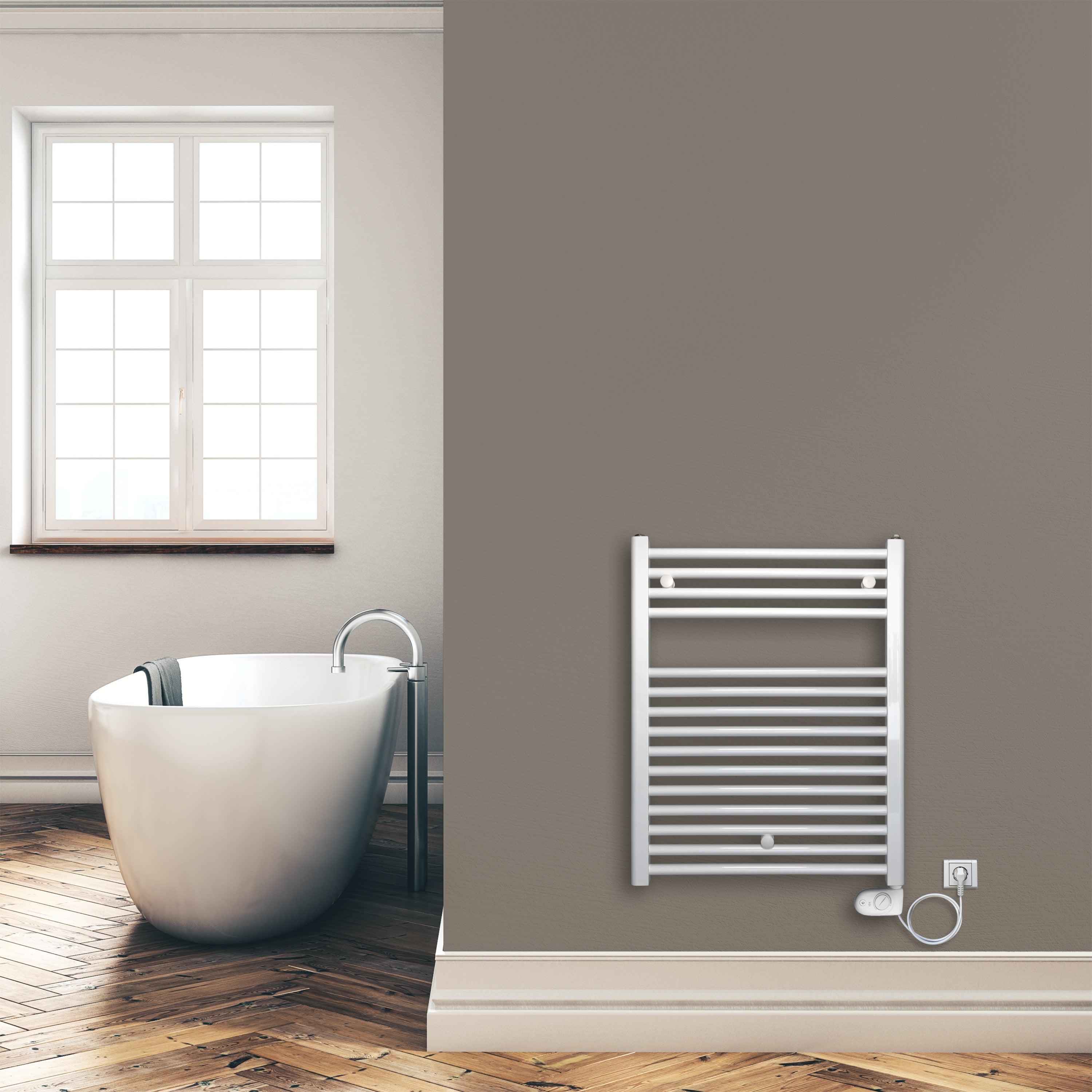 Badheizkörper 764 x 600 mm gerade mit analogem Thermostat Elektroheizkörper Handtuchwärmer elektrischer Handtuchhalter weiß Montagebeispiel - heizkoerper.shop