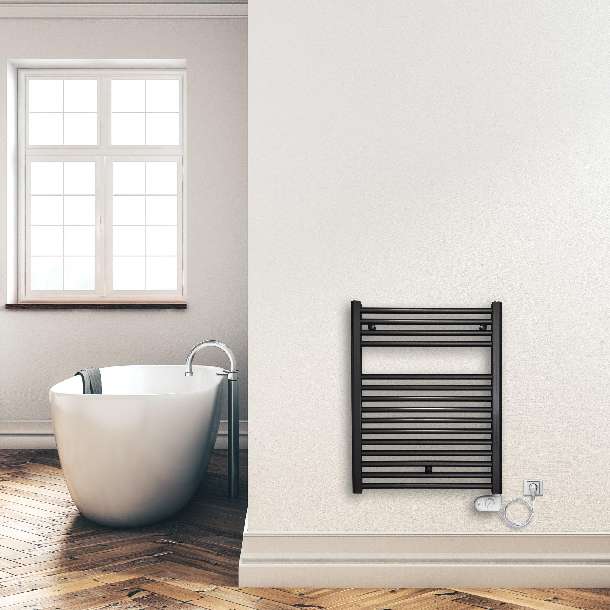 Badheizkörper 764 x 600 mm elektrisch mit analogem Thermostat Handtuchwärmer elektrischer Handtuchhalter schwarz Montagebeispiel - heizkoerper.shop
