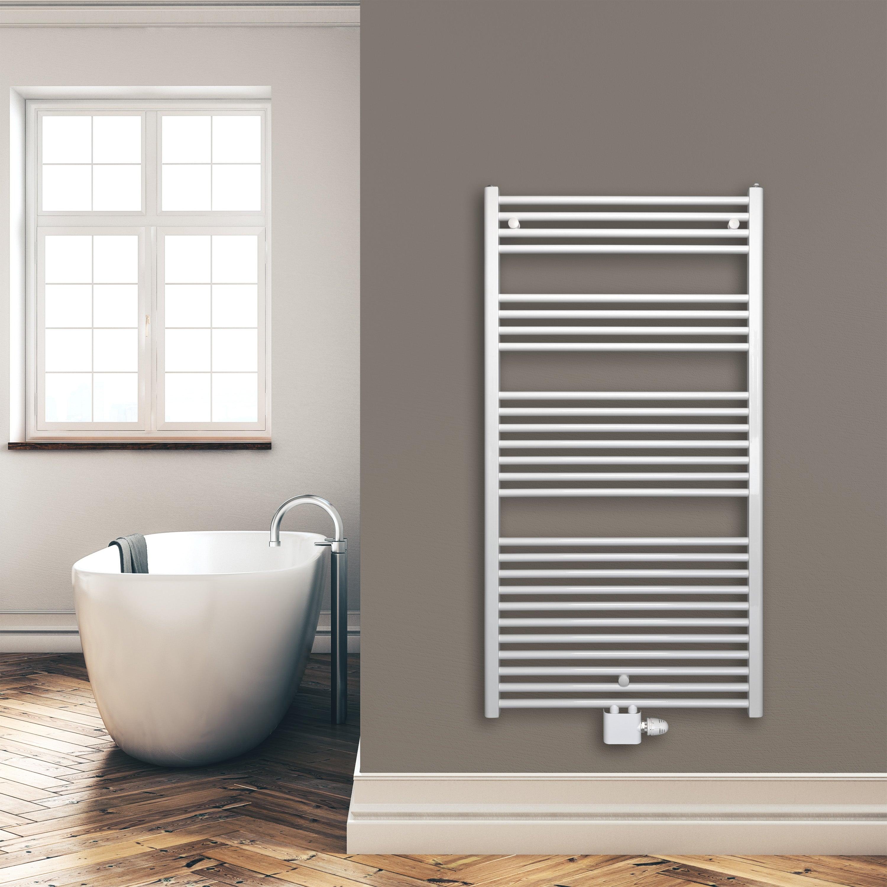 Badheizkörper 1424 x 750 mm gerade mit Mittenanschluss Handtuchhalter Badezimmer Heizung Handtuchwärmer weiß Montagebeispiel - heizkoerper.shop