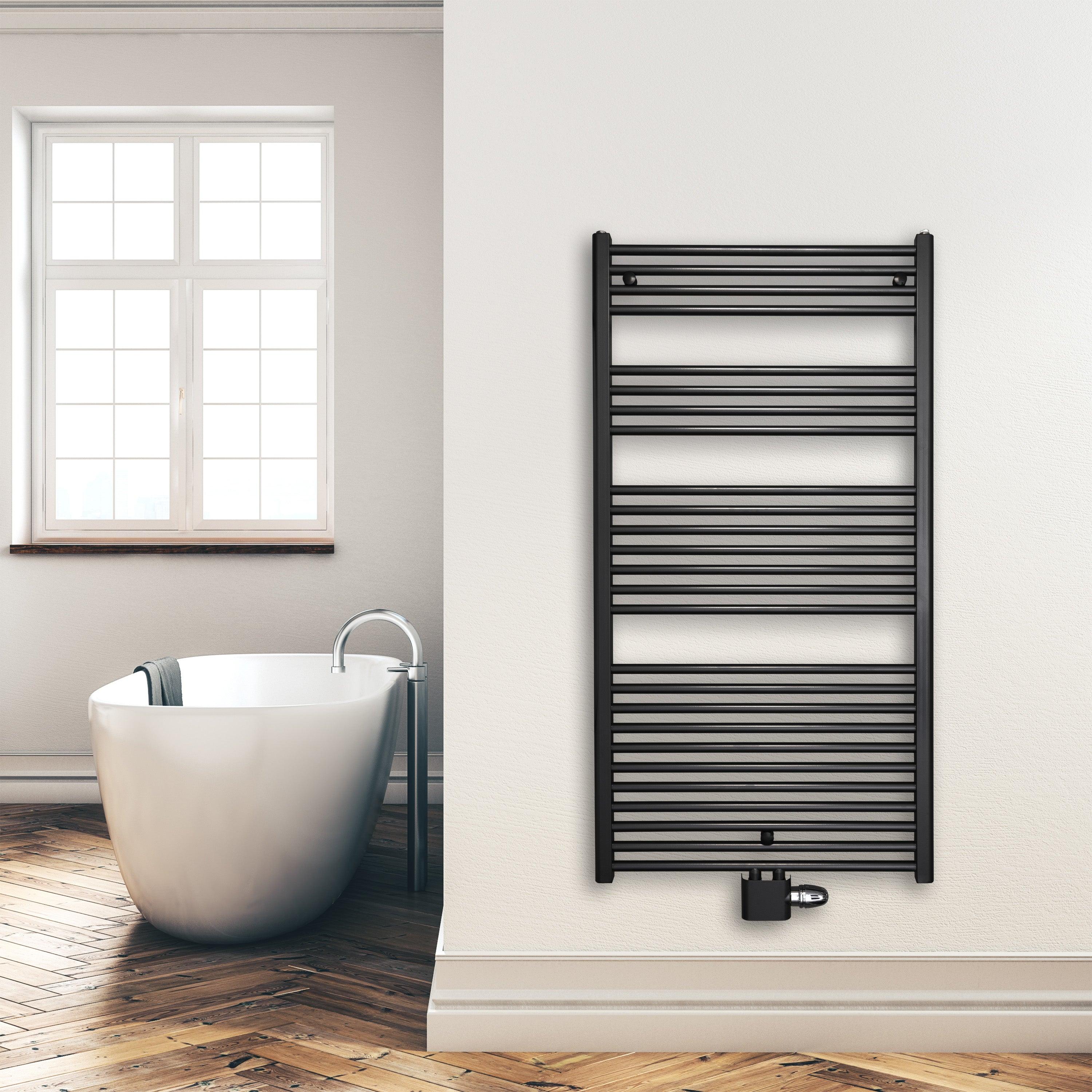 Badheizkörper 1424 x 750 mm gerade mit Mittenanschluss Handtuchhalter Badezimmer Heizung Handtuchwärmer schwarz Montagebeispiel - heizkoerper.shop
