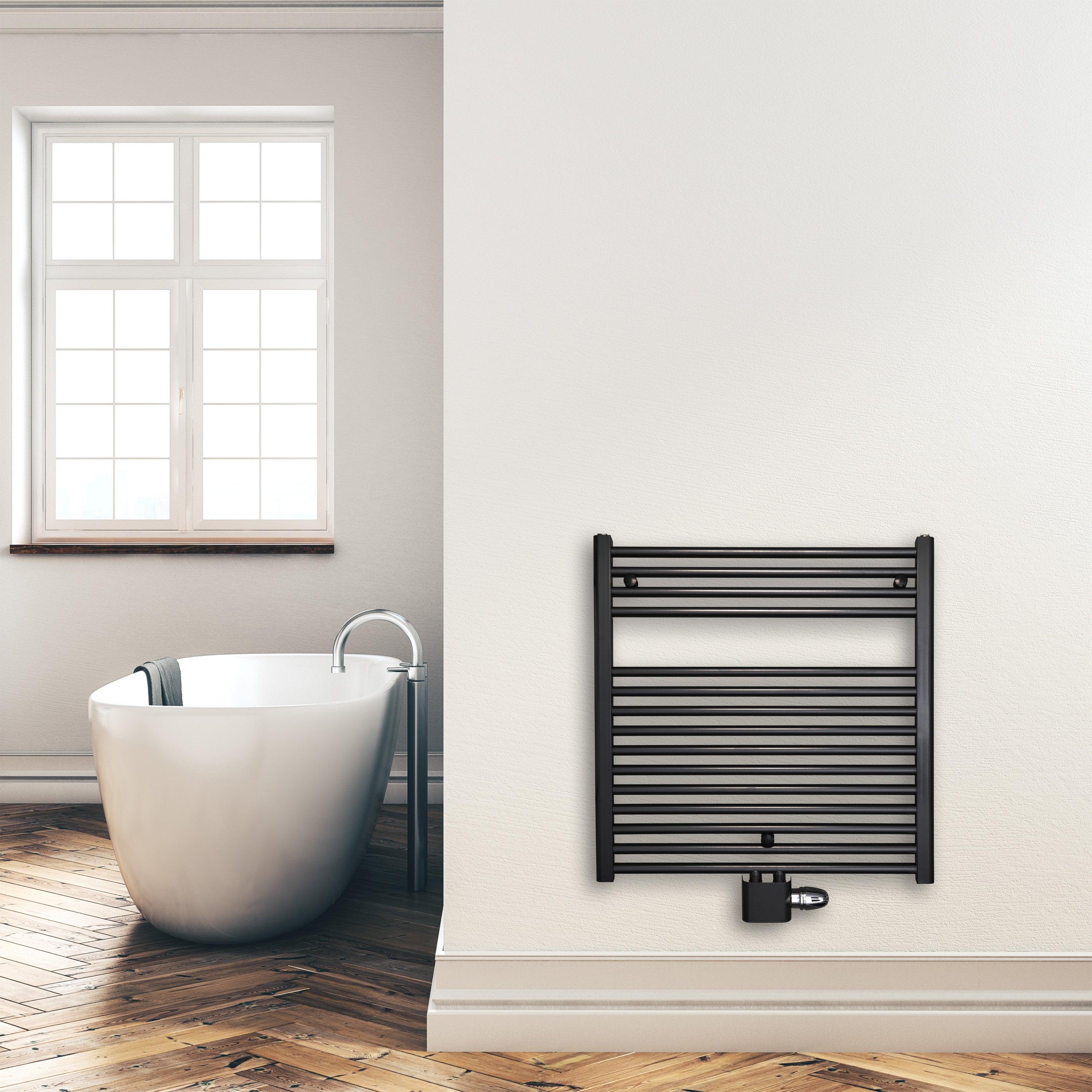 Badheizkörper 764 x 750 mm gerade mit Mittenanschluss Handtuchhalter Badezimmer Heizung Handtuchwärmer schwarz Montagebeispiel - heizkoerper.shop