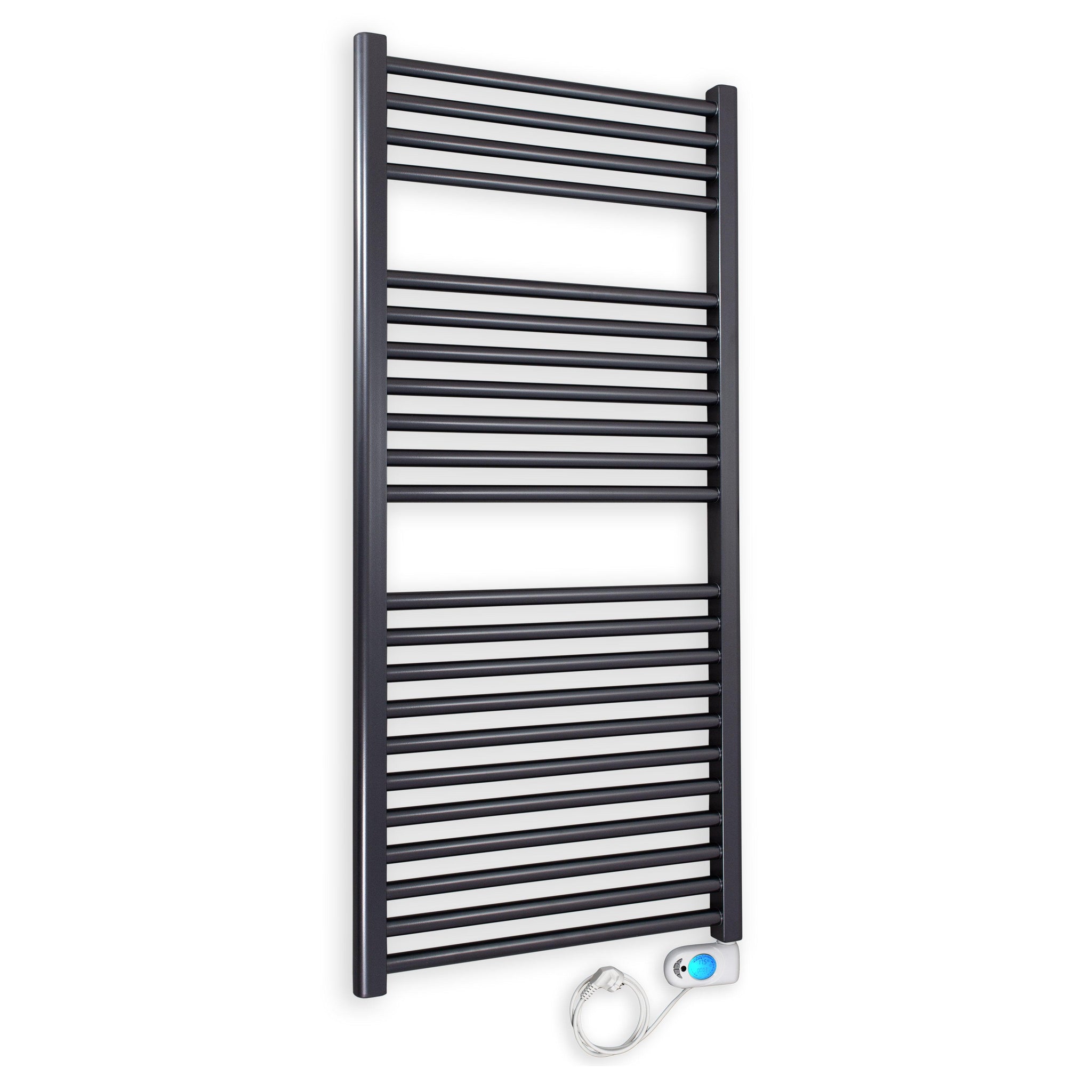 Badheizkörper gerade mit digitalem Thermotimer 1160 x 600 anthrazit Elektroheizkörper Handtuchwärmer elektrischer Handtuchhalter - heizkoerper.shop