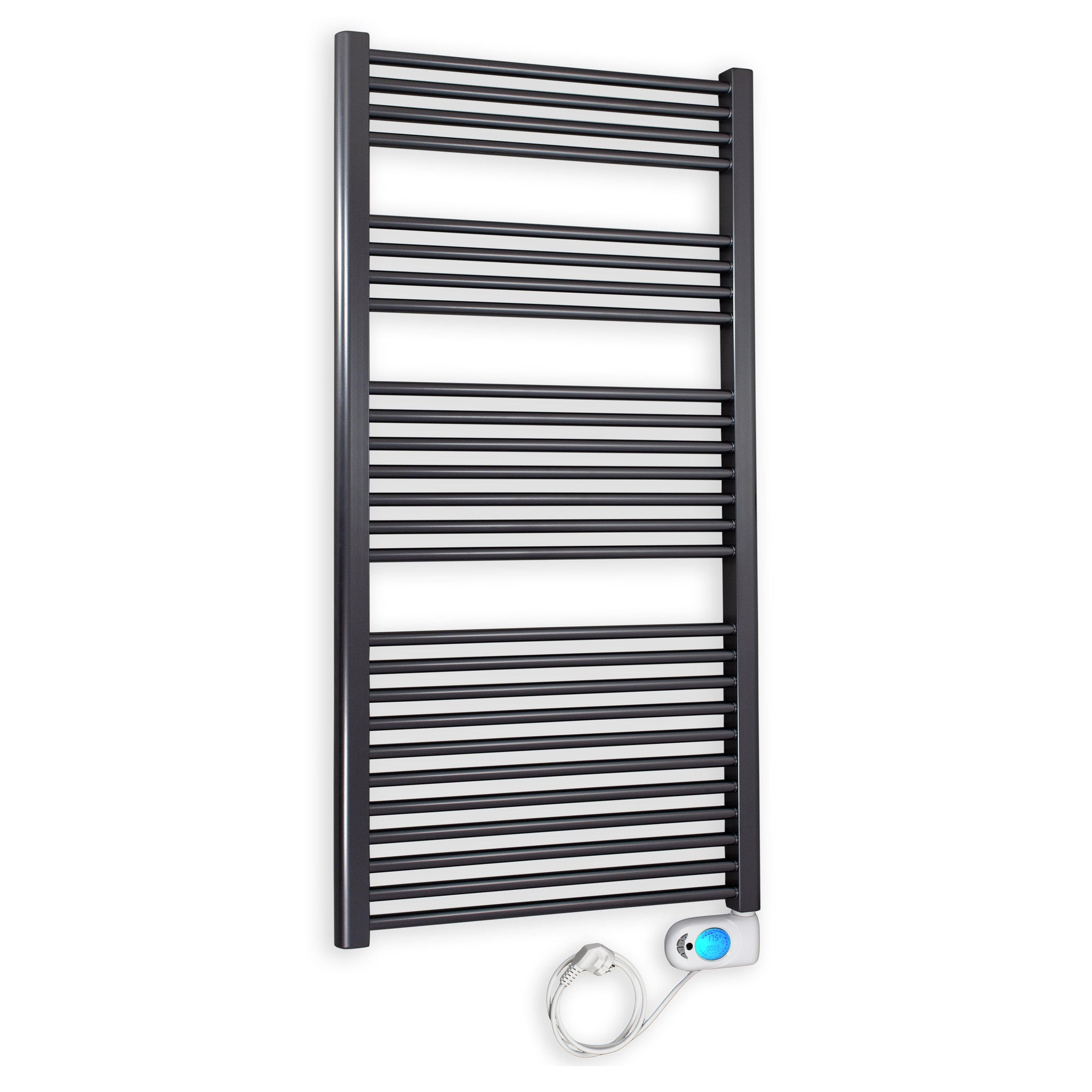 Badheizkörper gerade mit digitalem Thermotimer 1424 x 600 anthrazit Elektroheizkörper Handtuchwärmer elektrischer Handtuchhalter - heizkoerper.shop