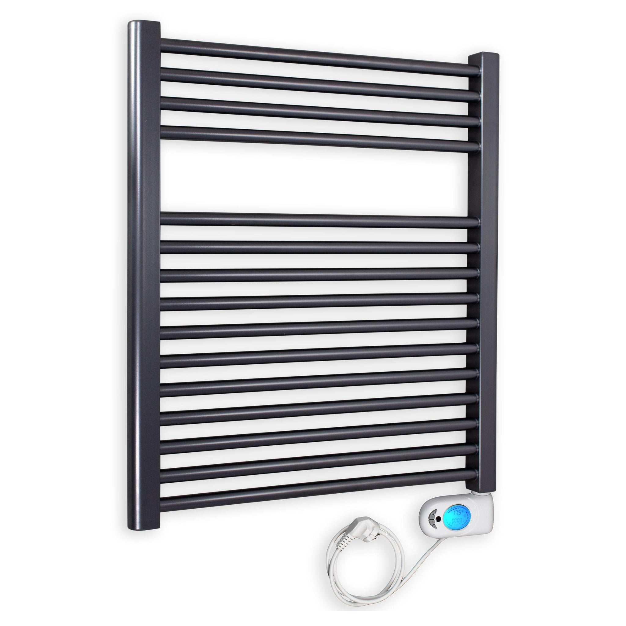 Badheizkörper gerade mit digitalem Thermotimer 764 x 750 anthrazit Elektroheizkörper Handtuchwärmer elektrischer Handtuchhalter - heizkoerper.shop