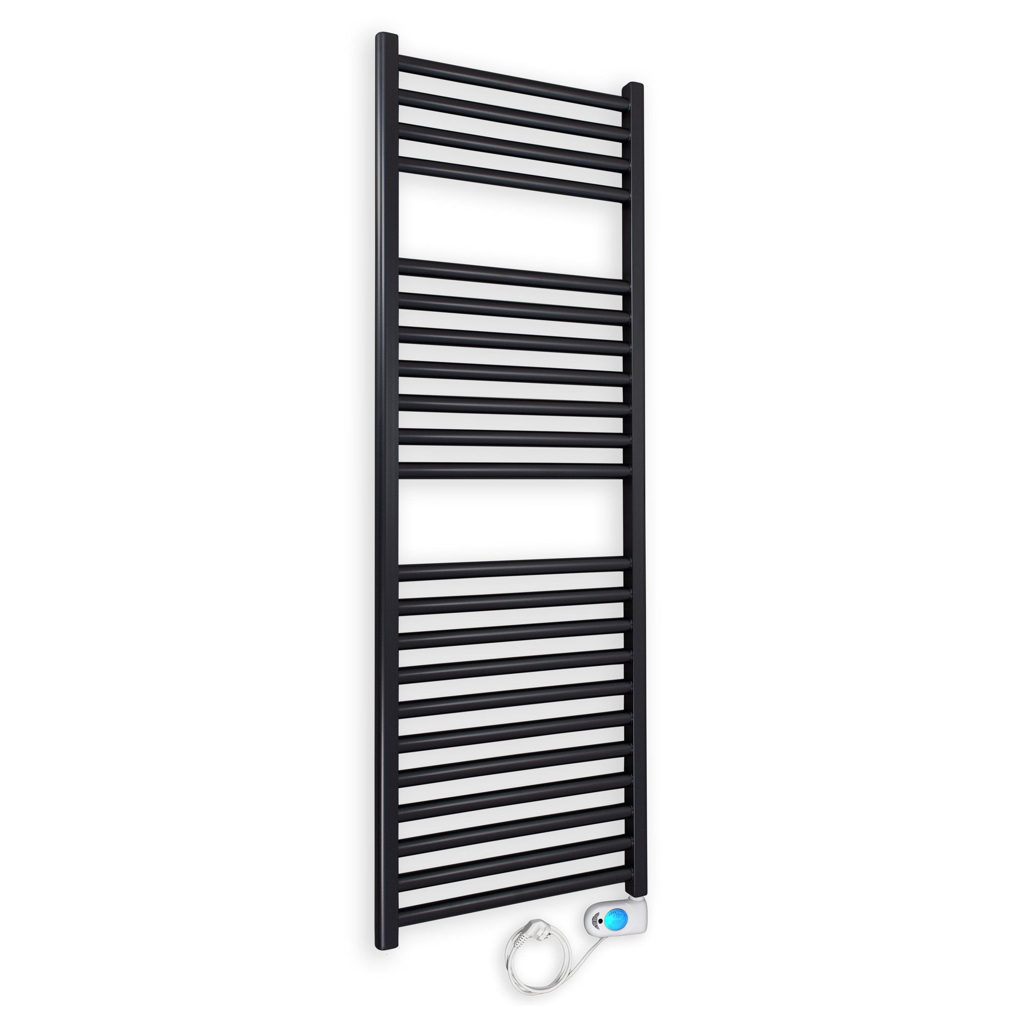 Badheizkörper gerade mit digitalem Thermotimer 1160 x 400 schwarz Elektroheizkörper Handtuchwärmer elektrischer Handtuchhalter - heizkoerper.shop