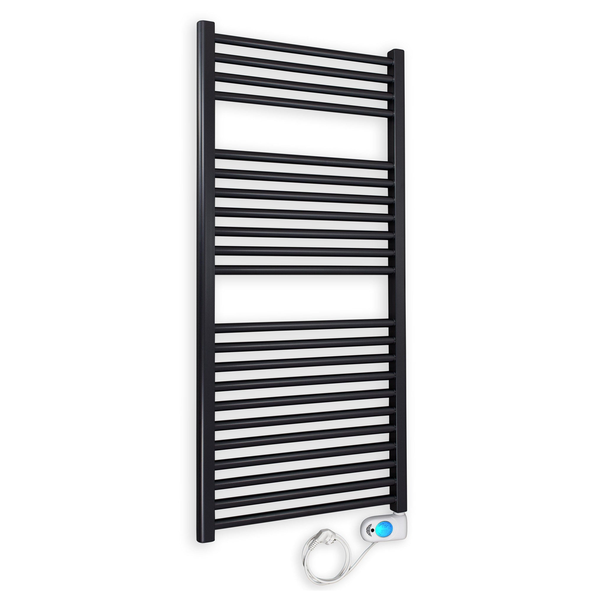 Badheizkörper gerade mit digitalem Thermotimer 1160 x 600 schwarz Elektroheizkörper Handtuchwärmer elektrischer Handtuchhalter - heizkoerper.shop