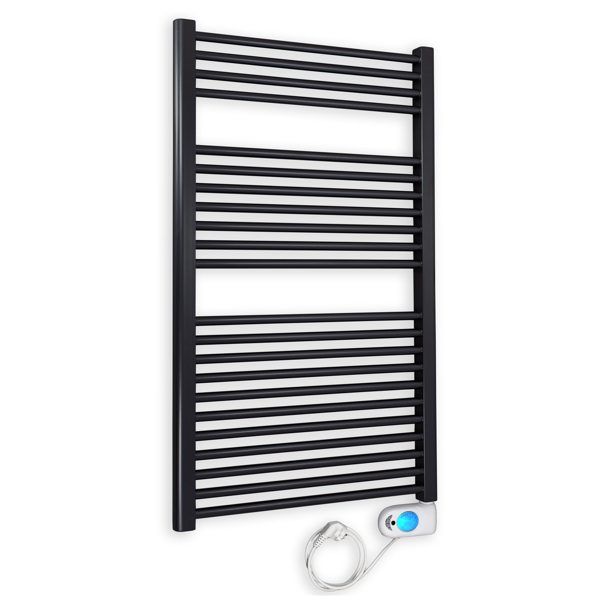 Badheizkörper gerade mit digitalem Thermotimer 1160 x 750 schwarz Elektroheizkörper Handtuchwärmer elektrischer Handtuchhalter - heizkoerper.shop