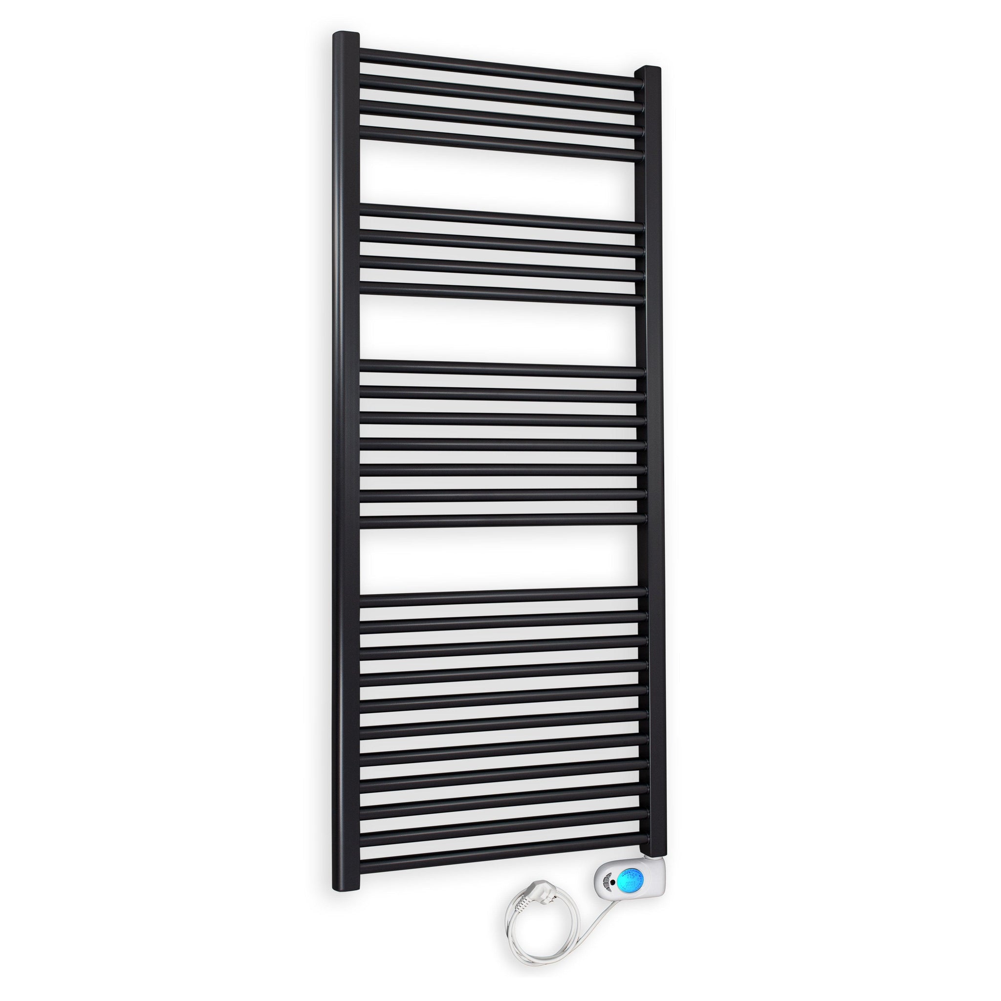 Badheizkörper gerade mit digitalem Thermotimer 1424 x 500 schwarz Elektroheizkörper Handtuchwärmer elektrischer Handtuchhalter - heizkoerper.shop
