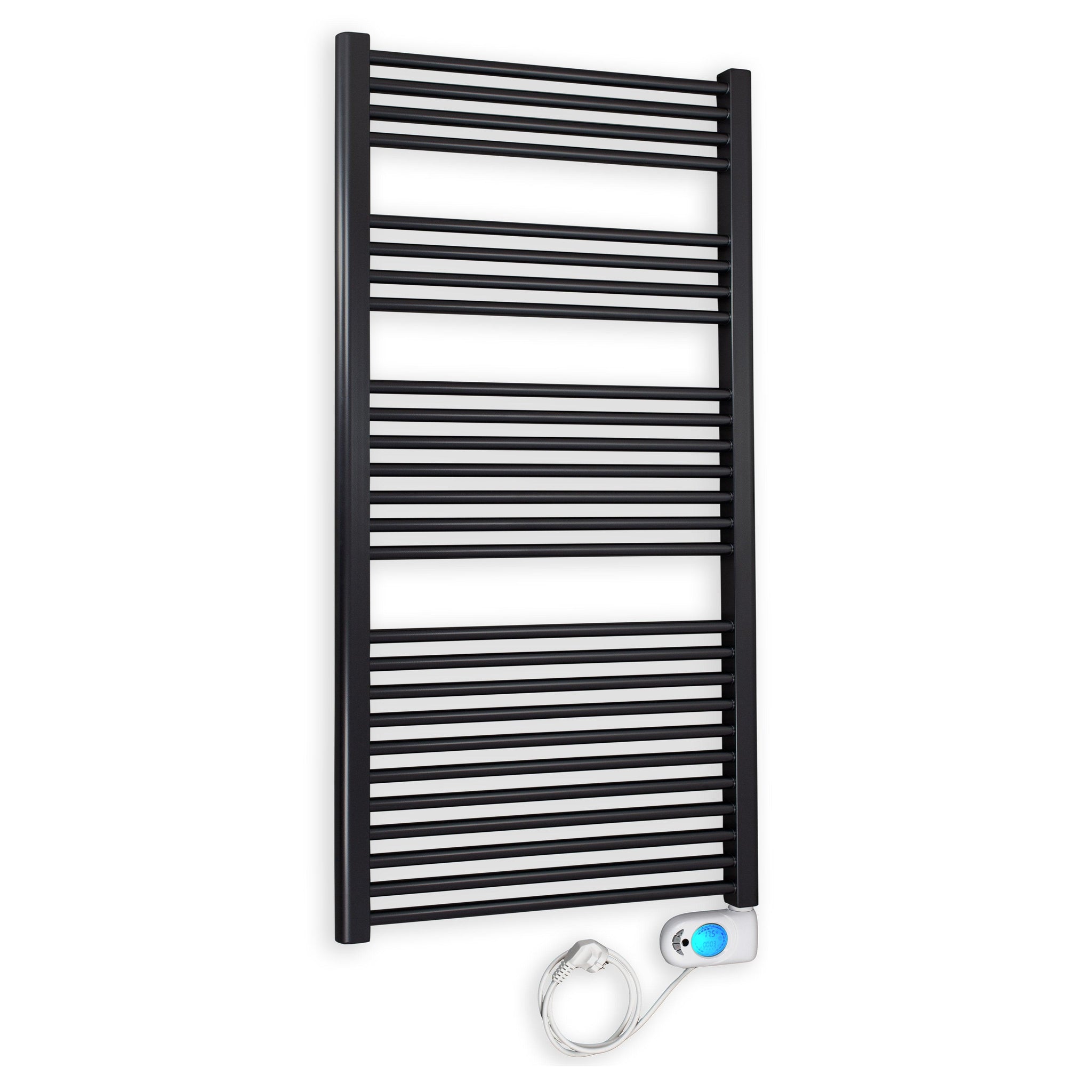 Badheizkörper gerade mit digitalem Thermotimer 1424 x 600 schwarz Elektroheizkörper Handtuchwärmer elektrischer Handtuchhalter - heizkoerper.shop